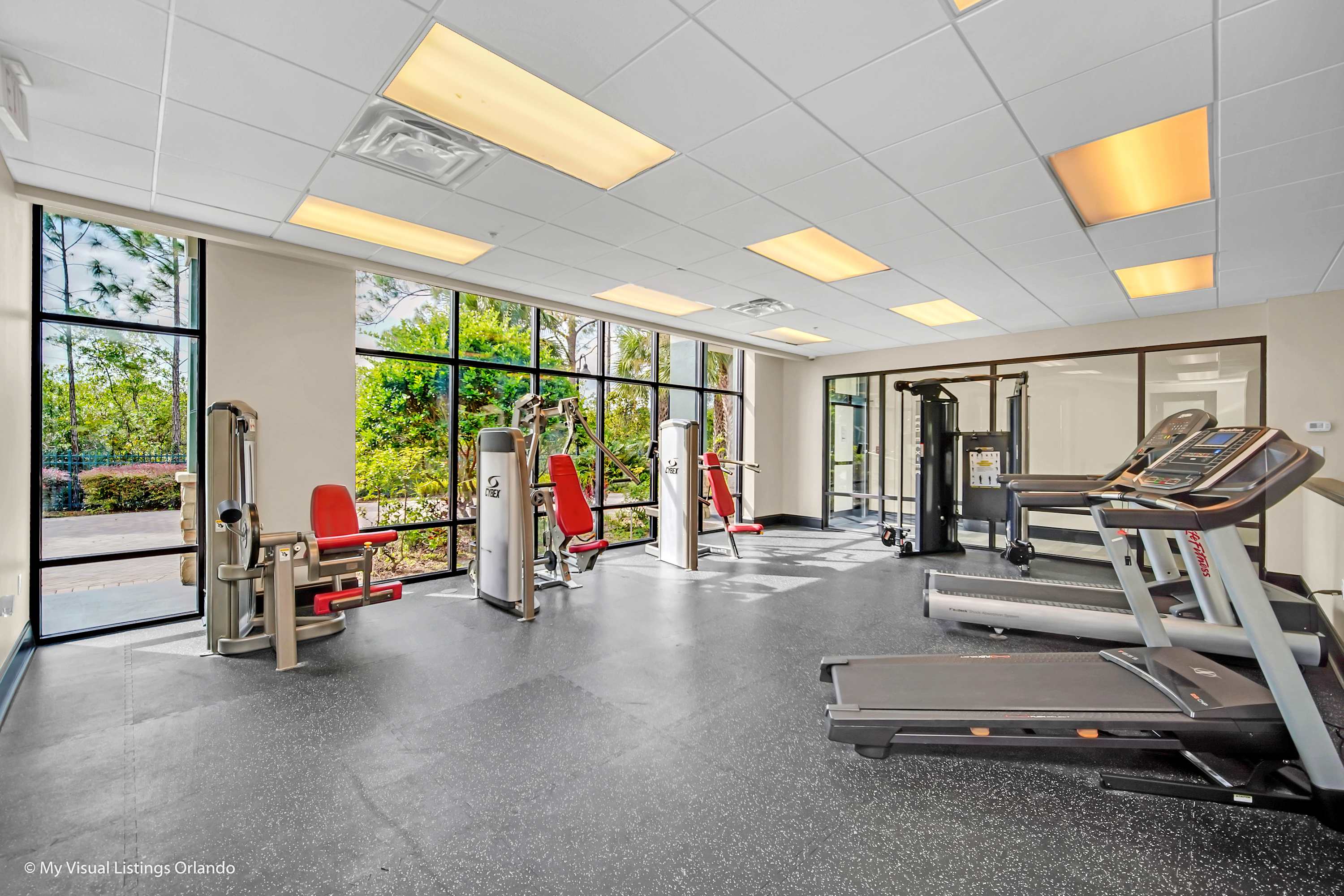 A bright and spacious fitness center equipped with various exercise machines including treadmills, ellipticals, and weight machines, set on a dark rubber floor. Large windows offer views of outdoor greenery, providing natural light.