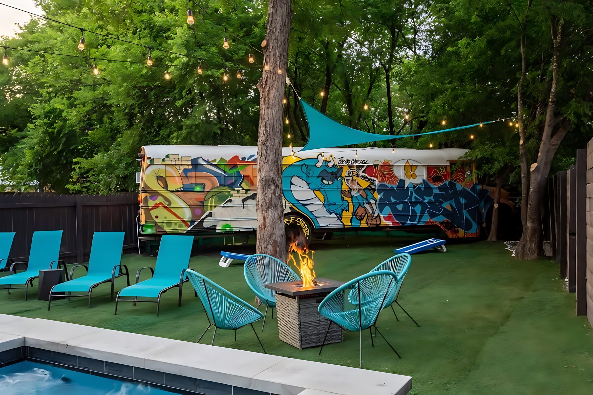 A cozy fire pit area features a square fire pit surrounded by turquoise woven chairs, set on artificial turf. String lights hang overhead from mature trees, and a vibrant, graffiti-covered school bus is visible in the background.