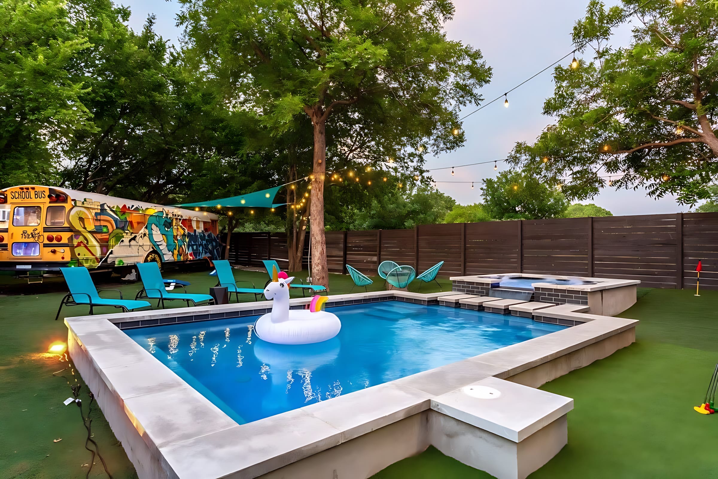 An inviting outdoor pool area features a rectangular pool with a white unicorn float and an adjacent hot tub, surrounded by artificial turf. Lush green trees and string lights create a festive atmosphere, with a colorful graffiti bus visible in the background.