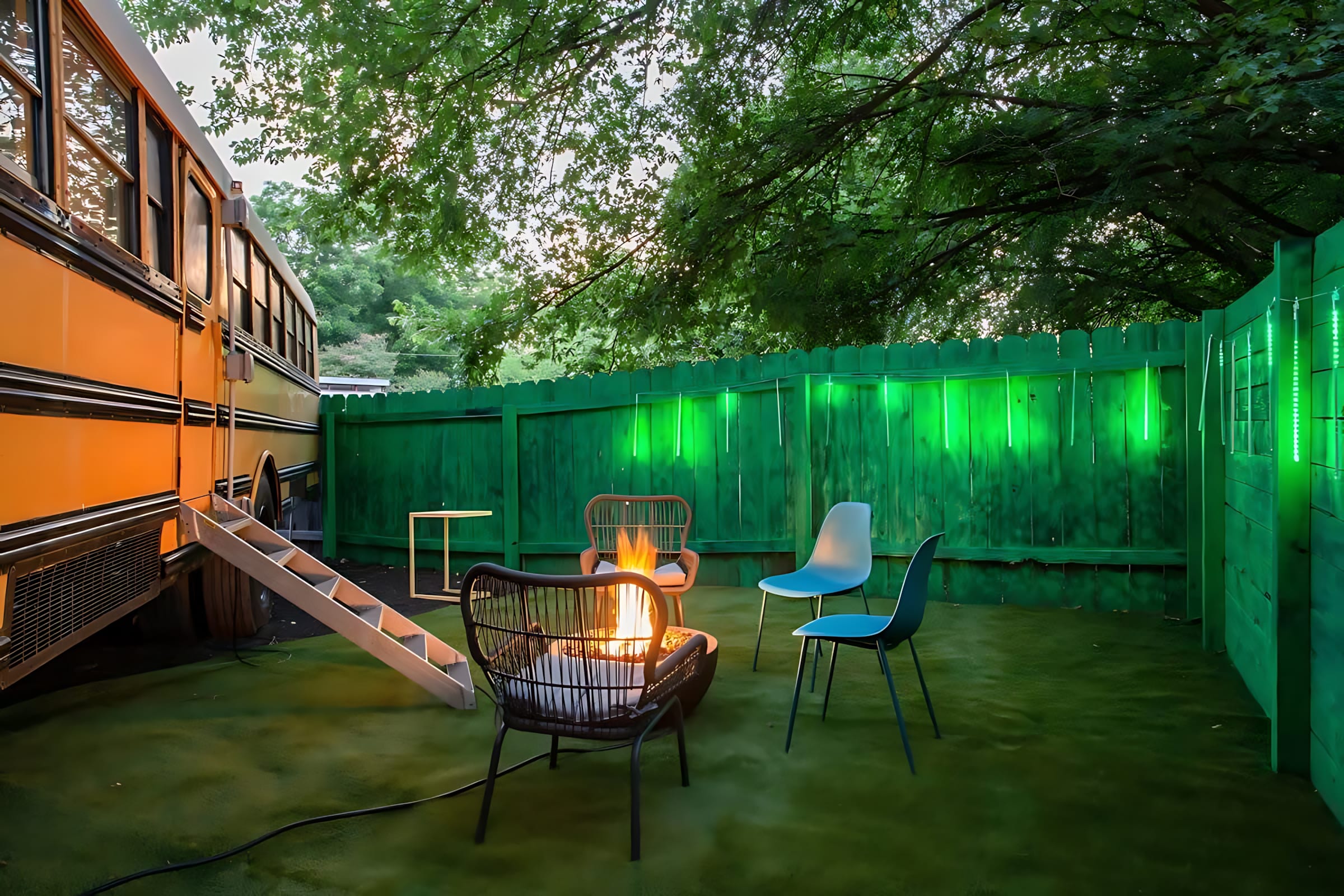 A secondary outdoor seating area features a fire pit surrounded by modern chairs, set on artificial turf. Green LED lights illuminate the fence, and a yellow school bus with a wooden ramp provides a unique backdrop.