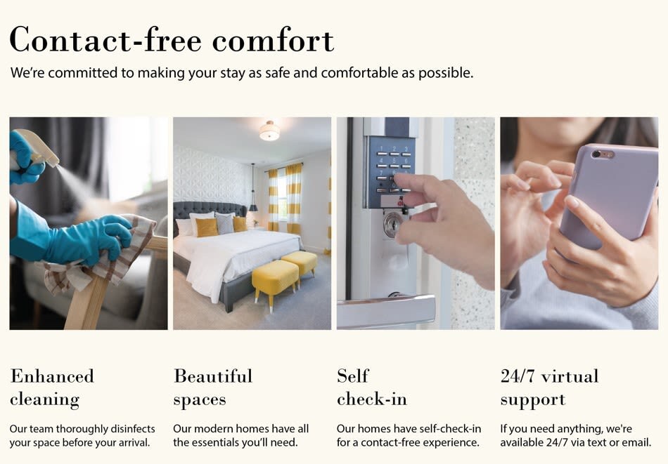 A marketing graphic highlights 'Contact-free comfort' with four panels: enhanced cleaning (spraying a chair), beautiful spaces (bedroom with yellow accents), self check-in (keypad entry), and 24/7 virtual support (person using a phone).