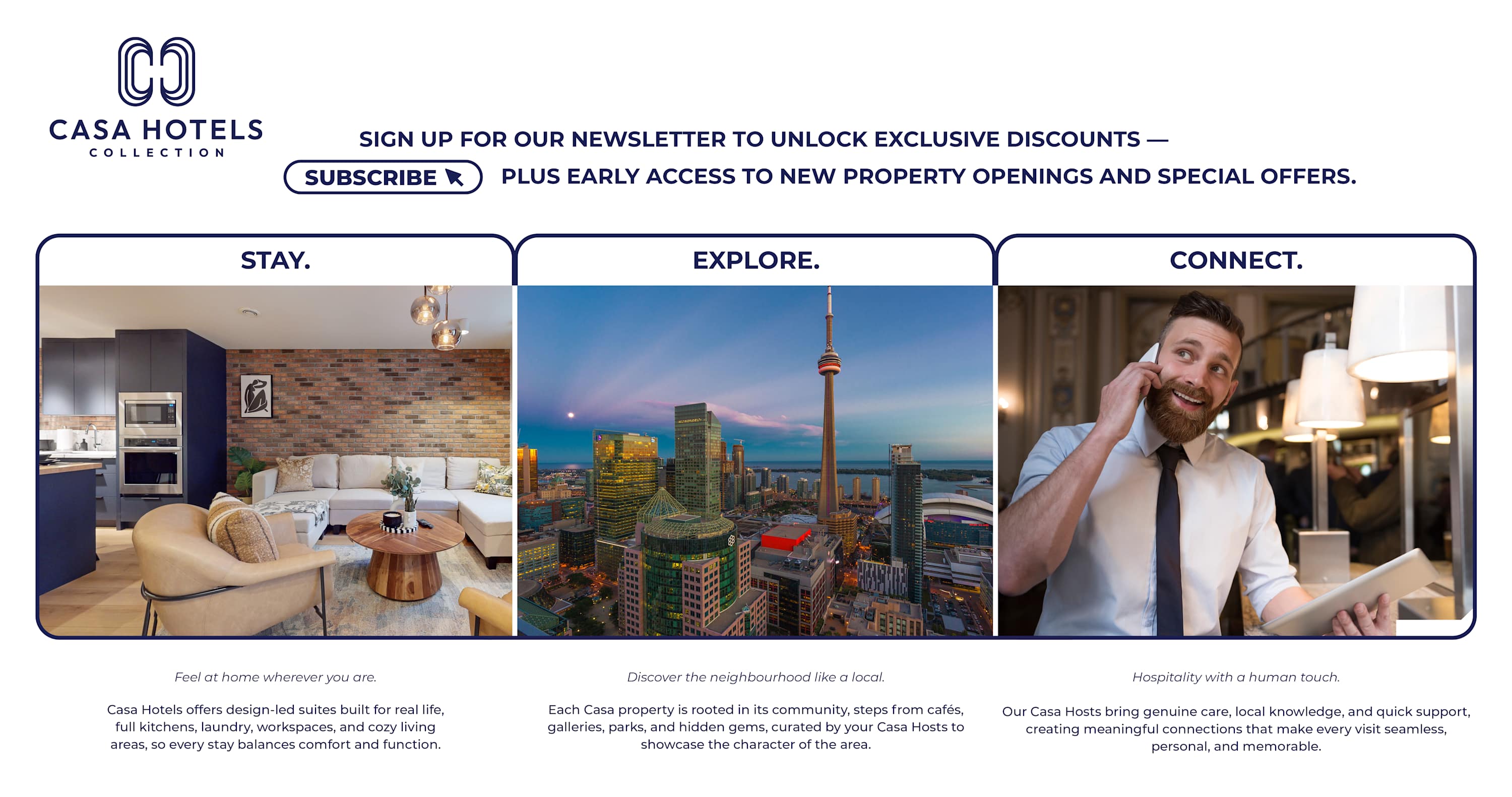 Promotional image for 'Casa Hotels Collection' showcasing three sections: 'Stay' with an interior living space, 'Explore' with a city skyline, and 'Connect' with a person on the phone, highlighting their services.