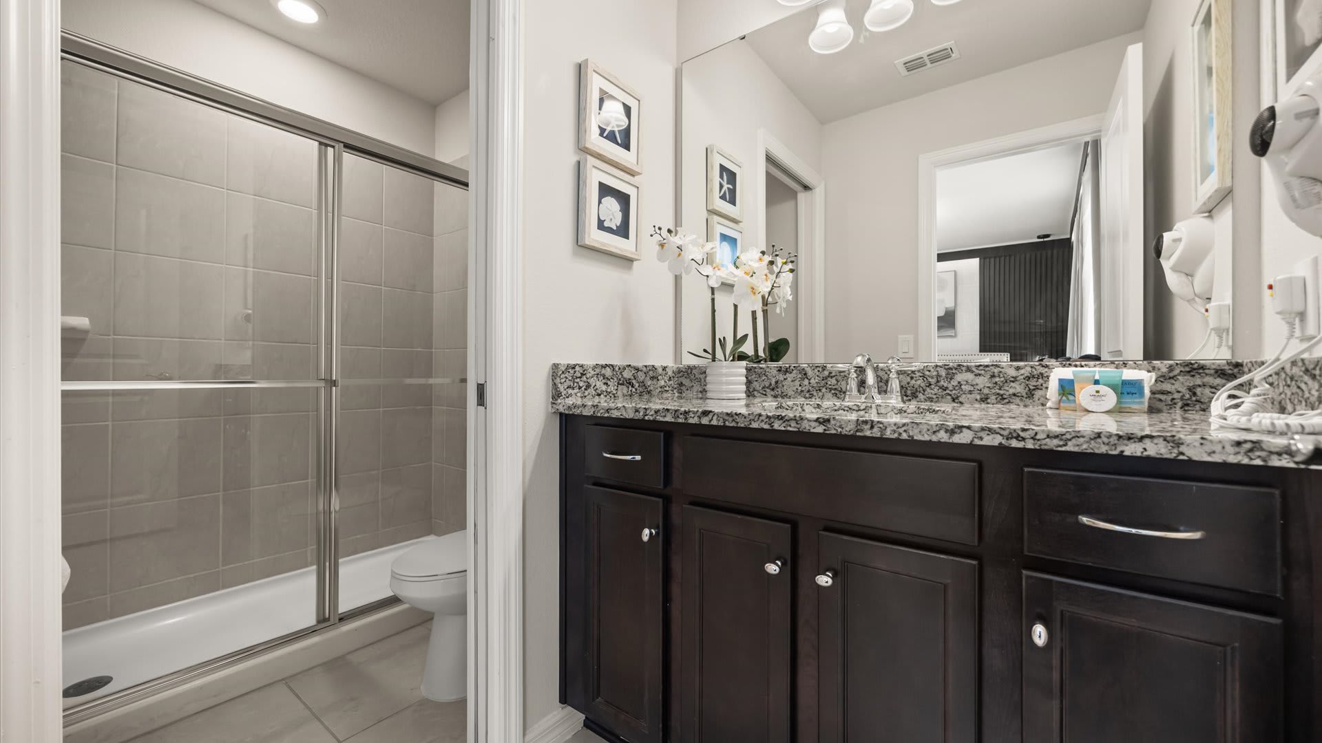 Contemporary bathroom with a single dark wood vanity, granite countertop, and a glass-enclosed shower stall with light gray tiled walls.