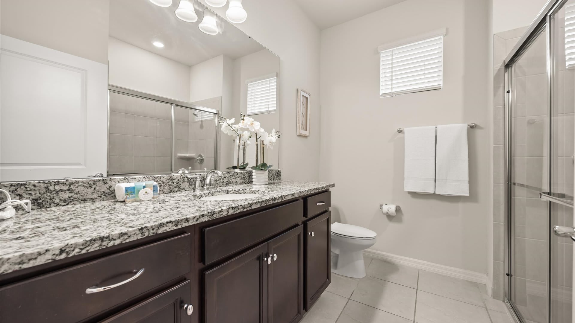Spacious bathroom featuring a dark wood vanity with a granite countertop, a single sink, a toilet, and a glass-enclosed shower, with a window providing natural light.