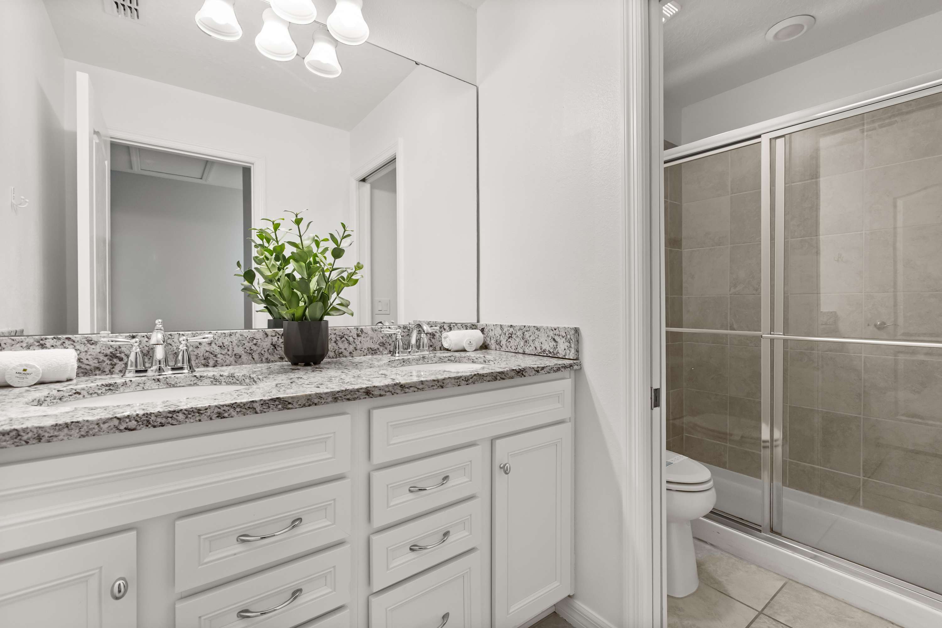 A bright bathroom featuring a double vanity with white cabinets, granite countertops, and two sinks. A large mirror reflects a potted plant, and a sliding glass door reveals a walk-in shower with tiled walls.