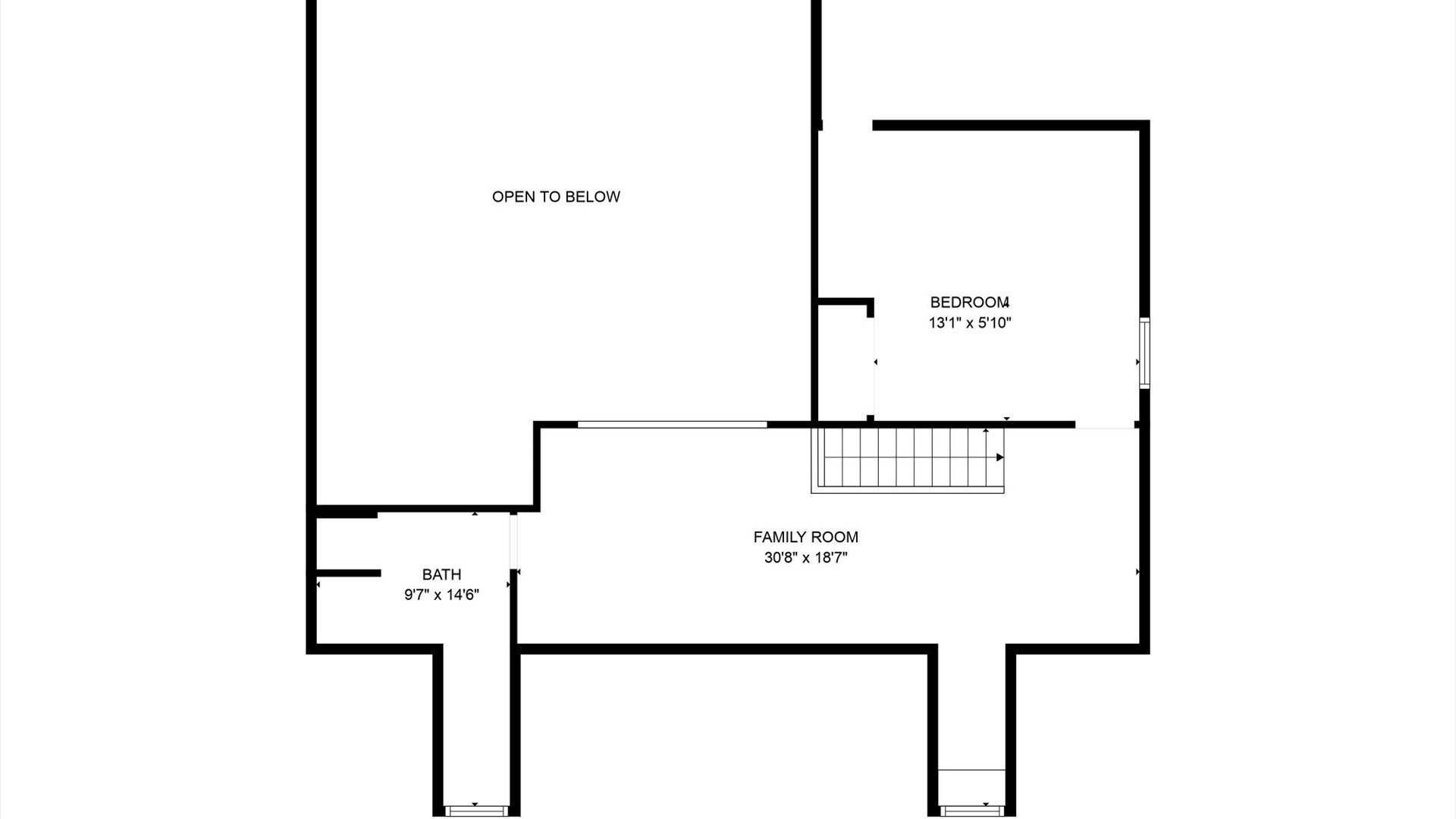 A black and white floor plan illustrating an upper level of a house, featuring an 'open to below' area, a family room, a bedroom, and a bathroom, with stairs indicating access to other levels.
