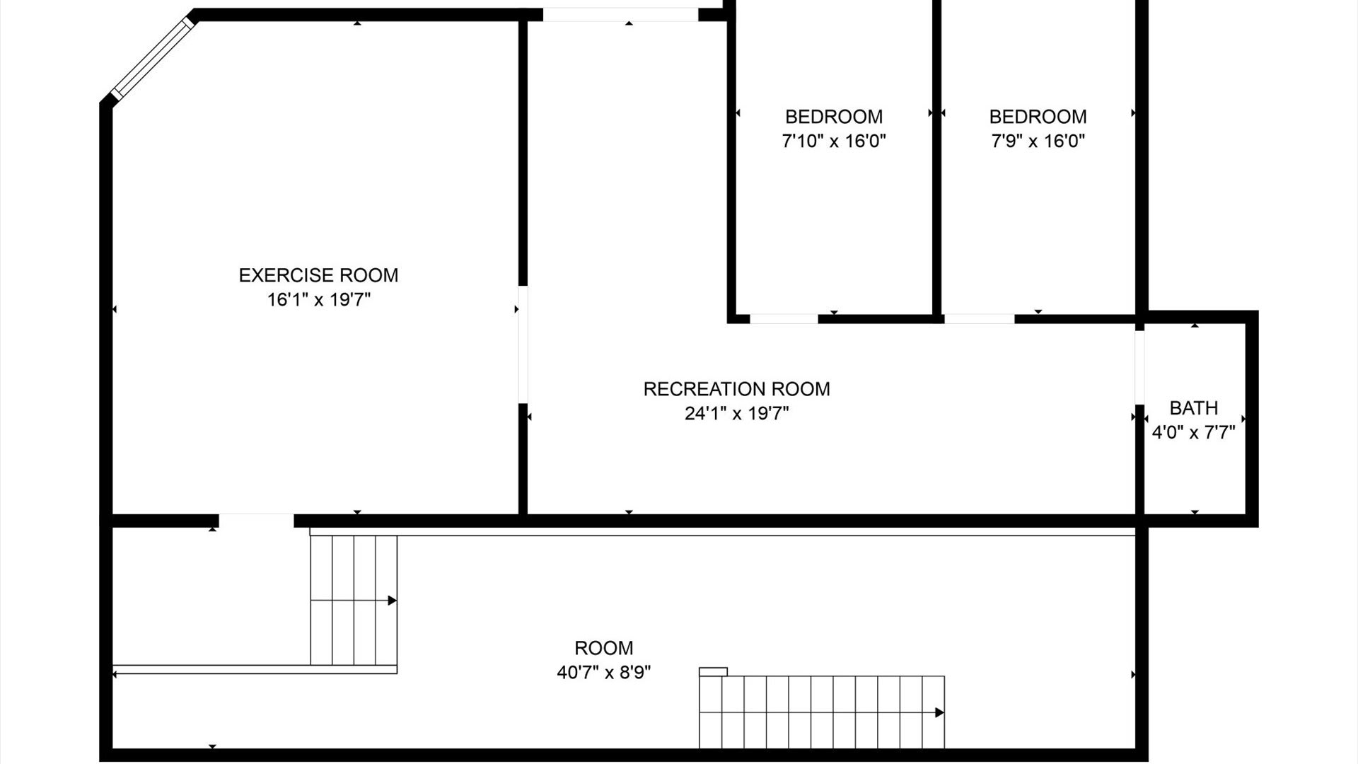 A black and white floor plan illustrating a lower level of a house, featuring an exercise room, a recreation room, two bedrooms, a bathroom, and an additional room, with stairs for access.