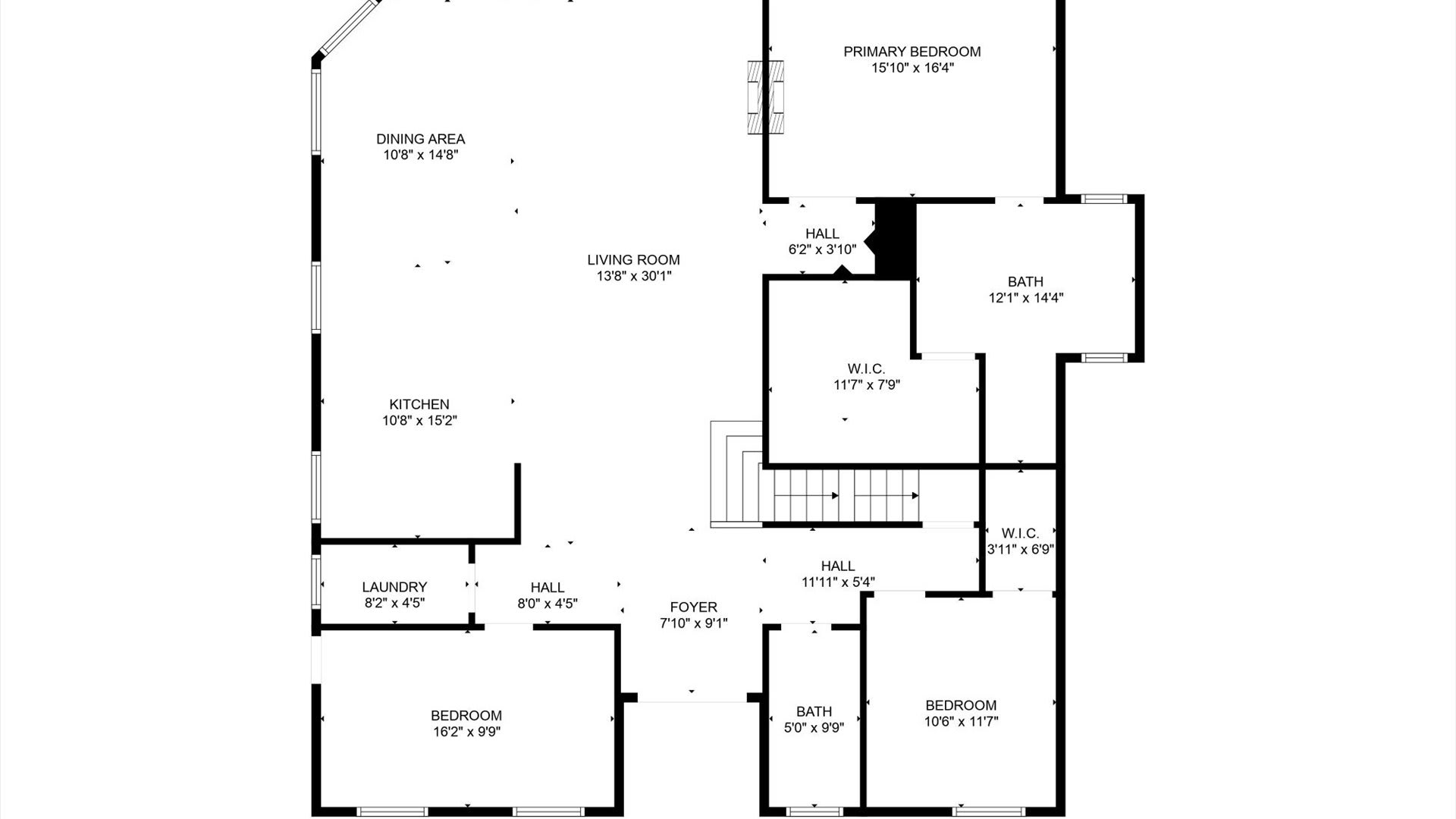 A black and white floor plan illustrating the main level of a house, detailing rooms like the primary bedroom, living room, kitchen, dining area, and two additional bedrooms with their respective dimensions and layouts.