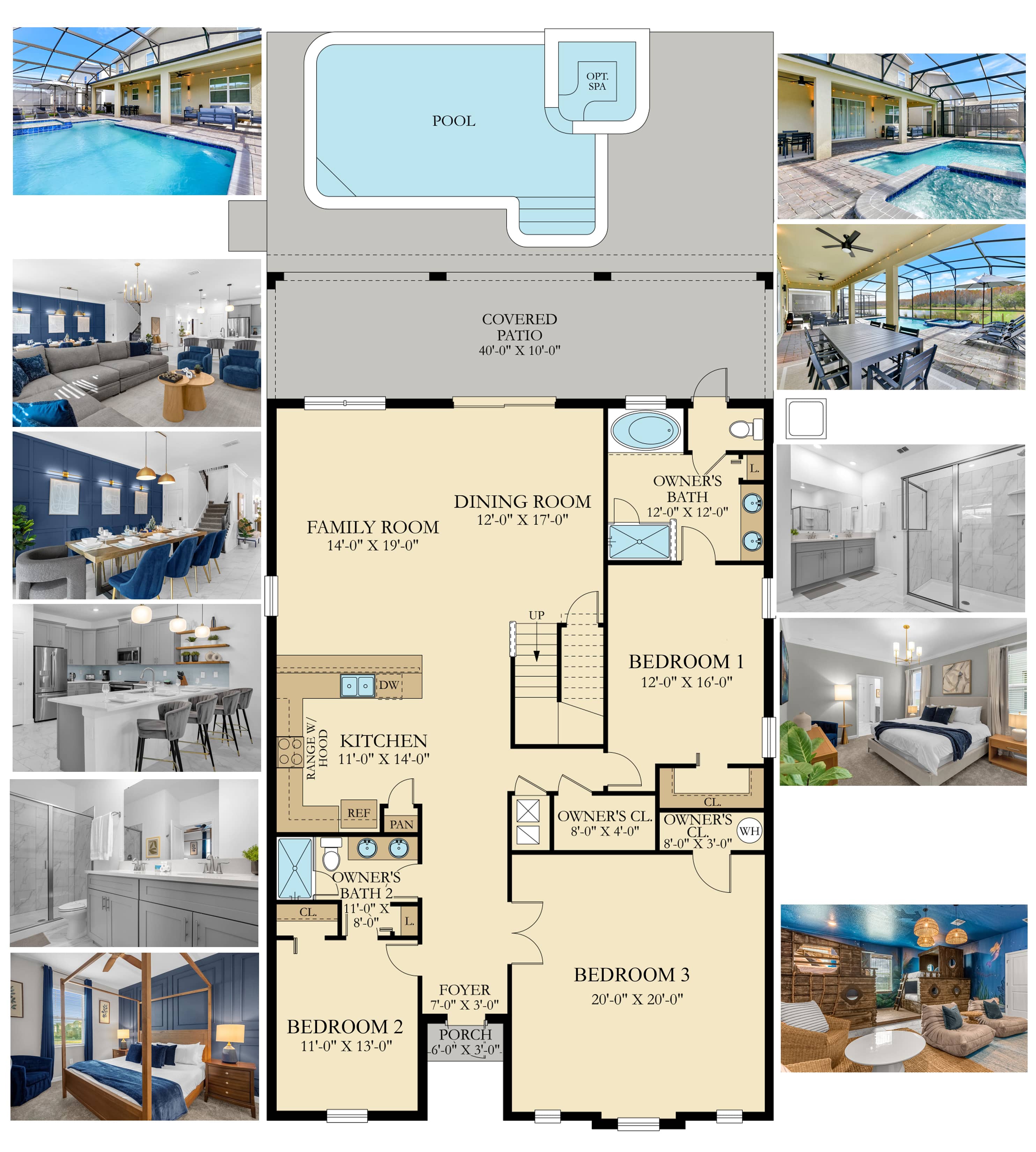 Collage showcasing the first-floor layout with a private pool, outdoor patio, living room, dining room, kitchen, three bedrooms, and three bathrooms, featuring modern blue and white decor.