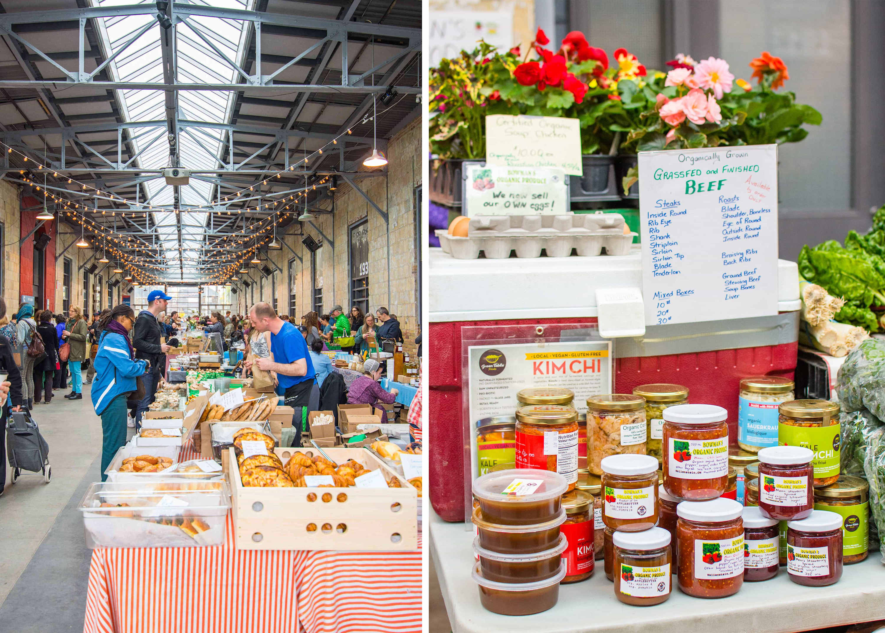 A bustling indoor market scene with numerous vendors selling fresh produce, baked goods, and artisanal products. People are browsing and shopping under a high ceiling with skylights, creating a vibrant community atmosphere.