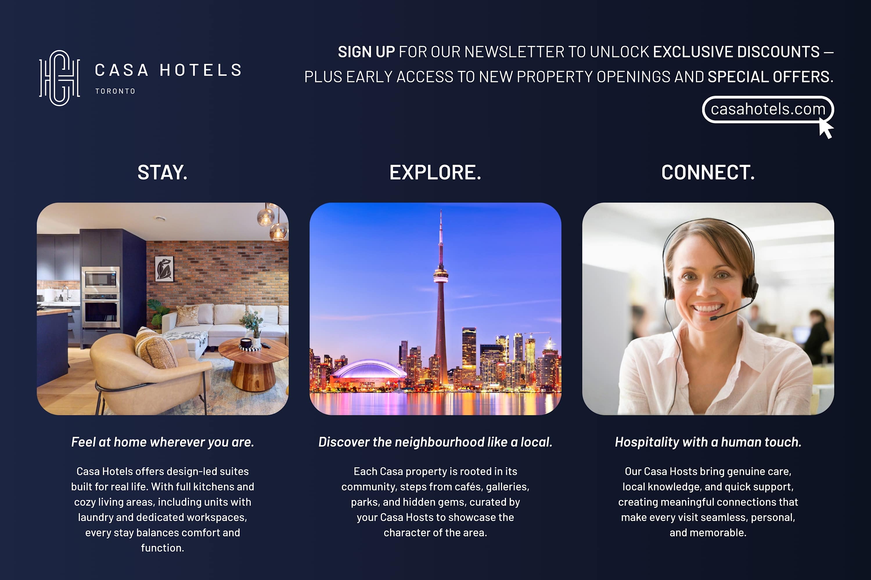 A promotional graphic for Casa Hotels, featuring three panels: a modern open-concept living room and kitchen, the Toronto skyline at dusk, and a smiling customer service representative wearing a headset. The overall design is sleek with dark backgrounds and white text.