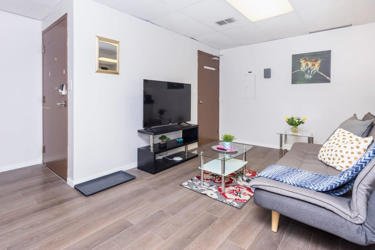 Living room view from the entrance, showing a gray futon sofa, a flat-screen TV on a black stand, and a glass coffee table, with a brown entrance door visible on the left.