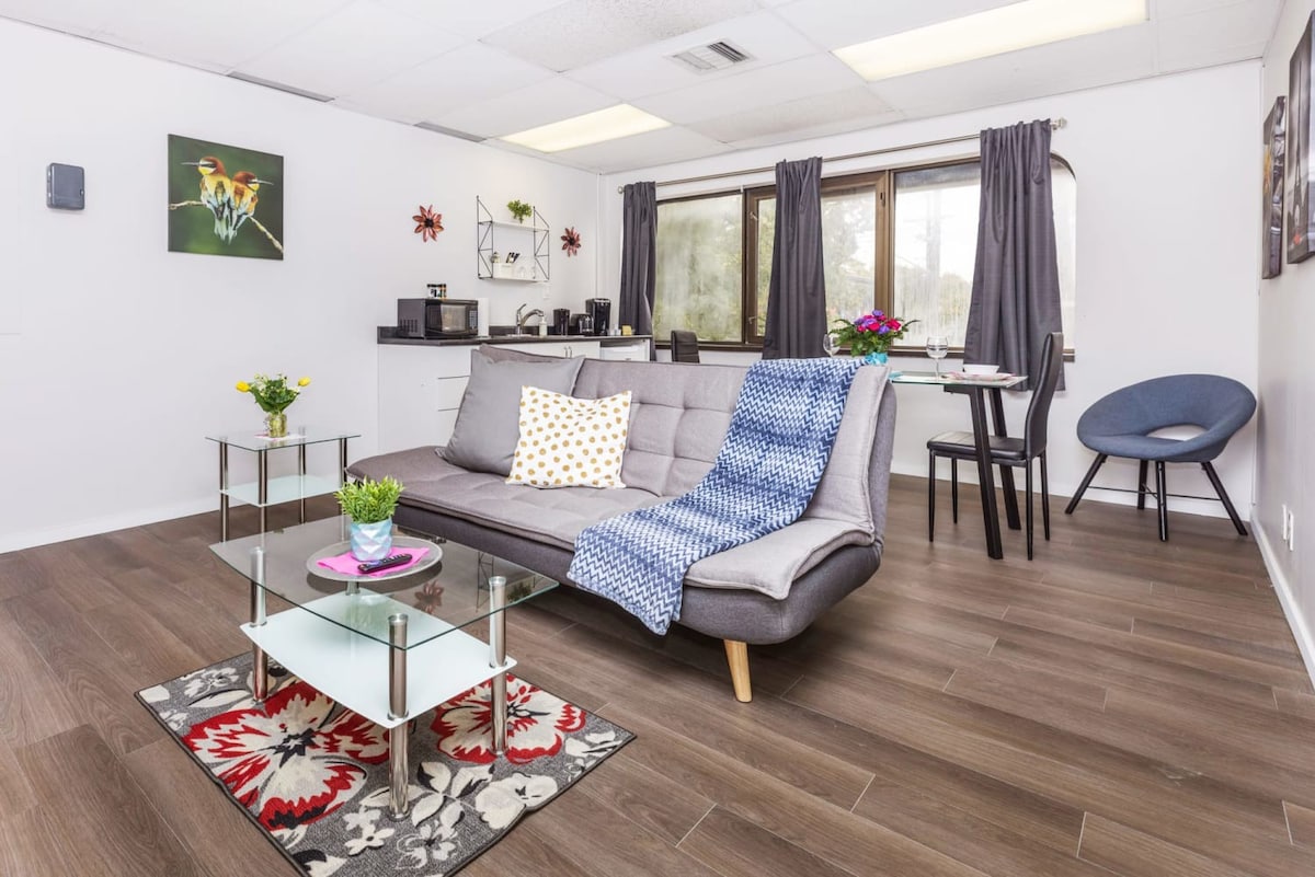 Wide shot of the open-concept living space featuring a gray futon sofa, glass coffee tables, and a dining area with a glass table and chairs, all on wood-look flooring with large windows.