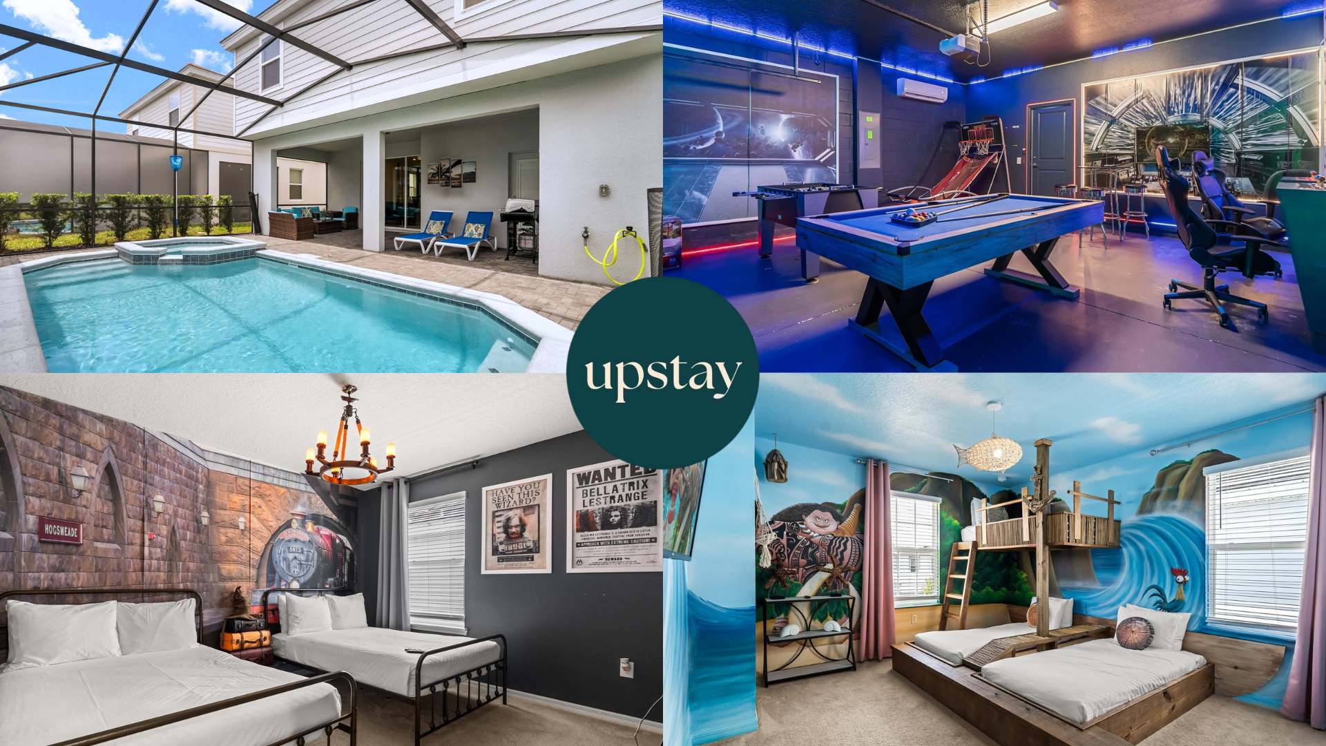 A four-panel collage showcasing the property's amenities: a screened pool and patio, a neon-lit game room with a pool table, and two distinctively themed children's bedrooms.
