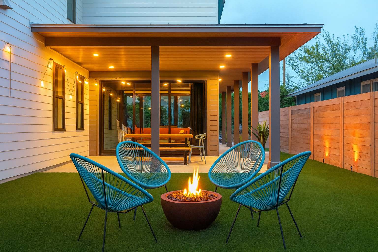 An inviting outdoor space features a circular fire pit surrounded by four turquoise string chairs on artificial turf, with a covered patio and string lights in the background, creating a cozy evening ambiance.