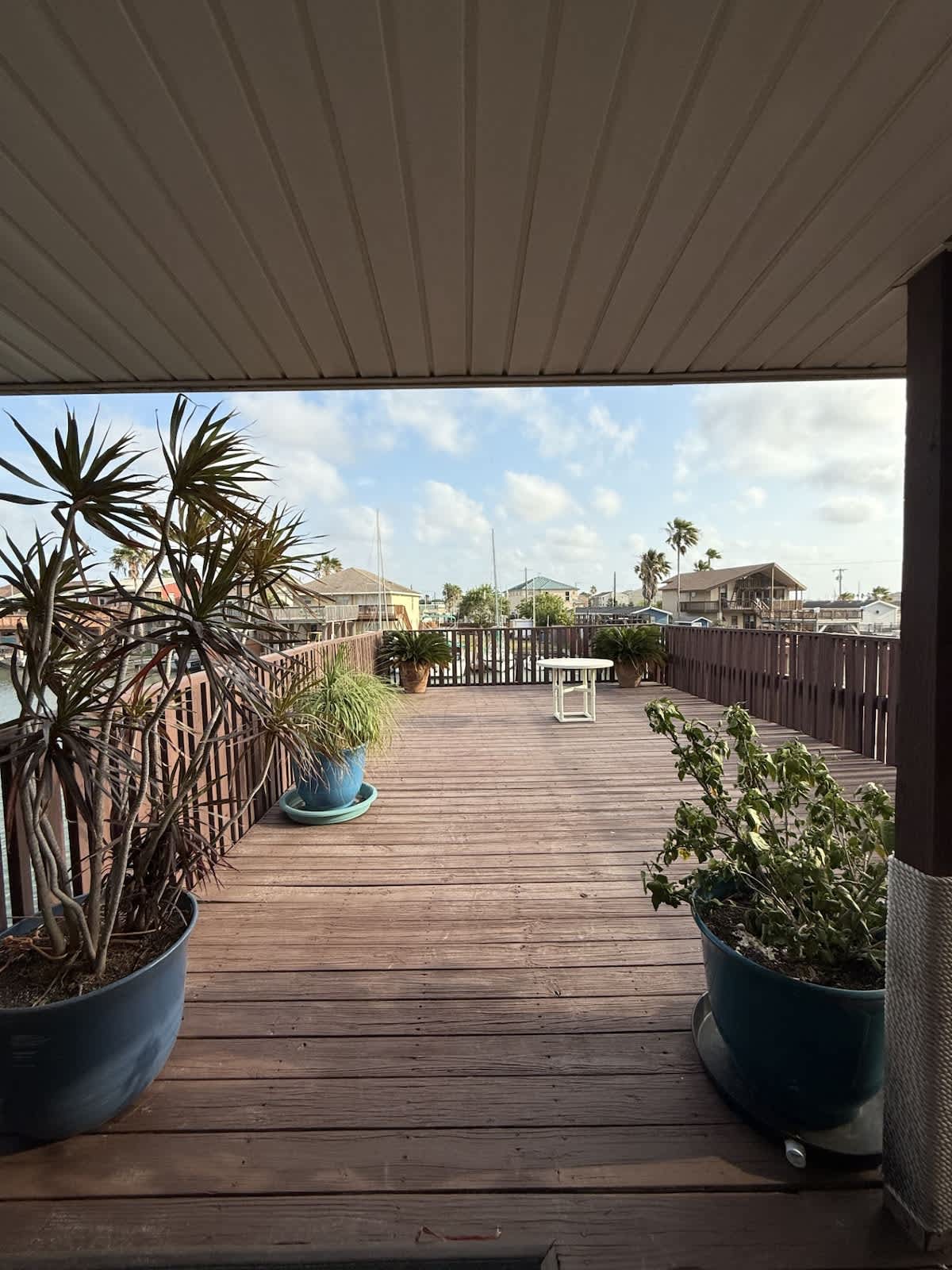 An expansive wooden deck with a clear view of the canal and distant houses, adorned with large potted plants and a small white table under a bright, partly cloudy sky.