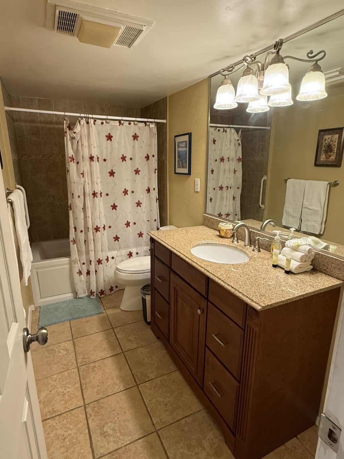 A functional bathroom featuring a brown tiled shower/tub combo with a white and red starfish shower curtain, a light brown granite vanity with a single sink, and a toilet.