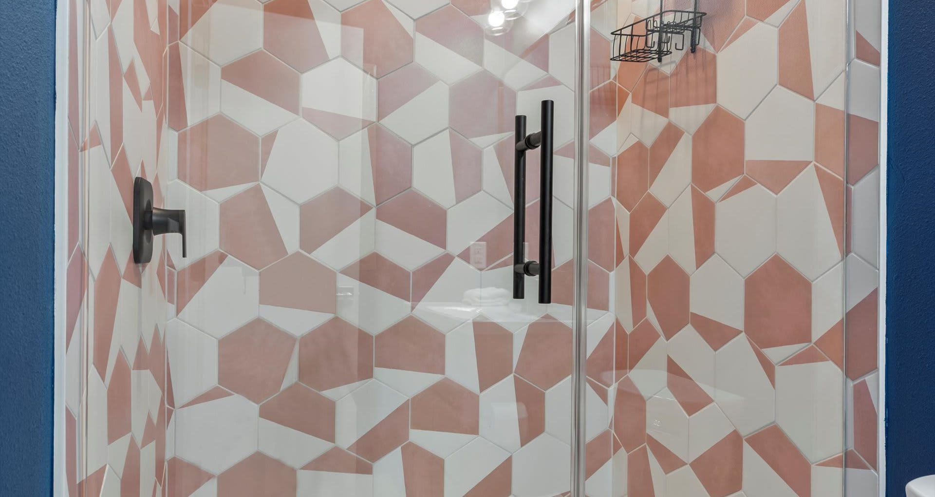 Close-up of a walk-in shower with clear glass doors and black hardware, showcasing a distinctive pink and white geometric tile pattern on the walls. A black shower caddy is mounted inside.