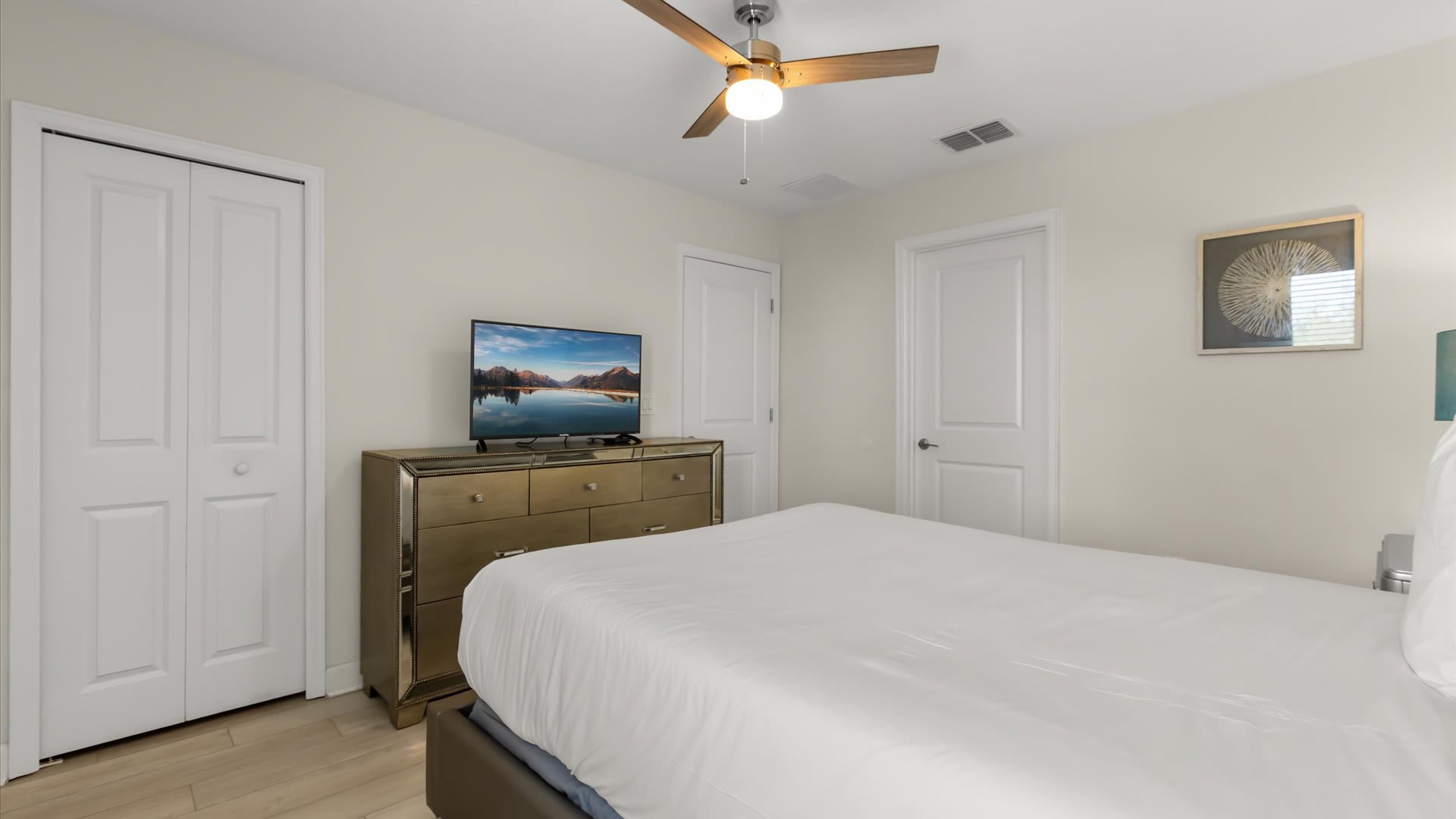 This bedroom features a large gold-toned dresser with multiple drawers, topped with a flat-screen TV, positioned against a light-colored wall. A white door and a closet with bi-fold doors are visible.