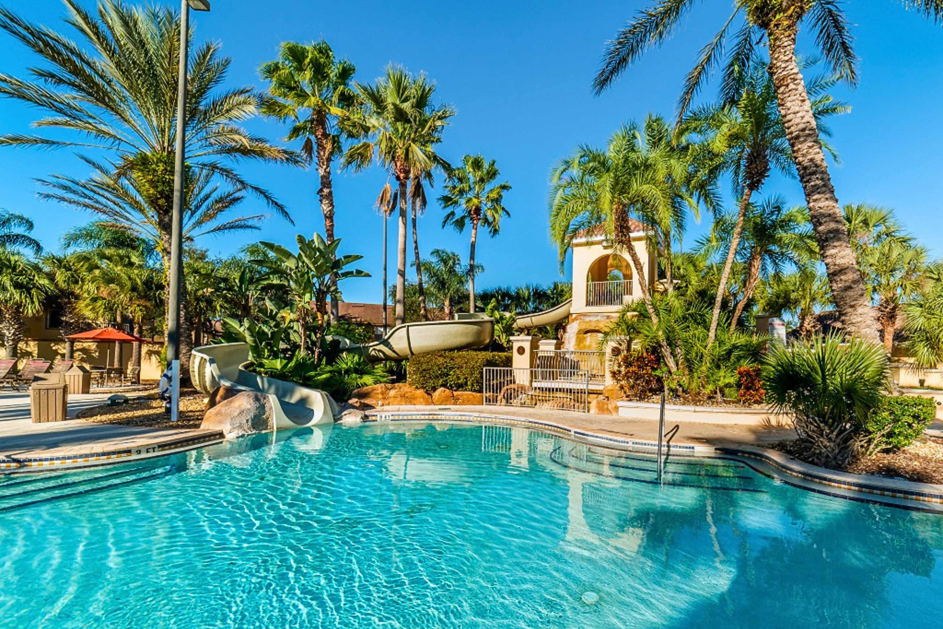 A large, sparkling blue swimming pool with rock features and two water slides is surrounded by numerous tall palm trees and lush tropical landscaping under a bright blue sky.