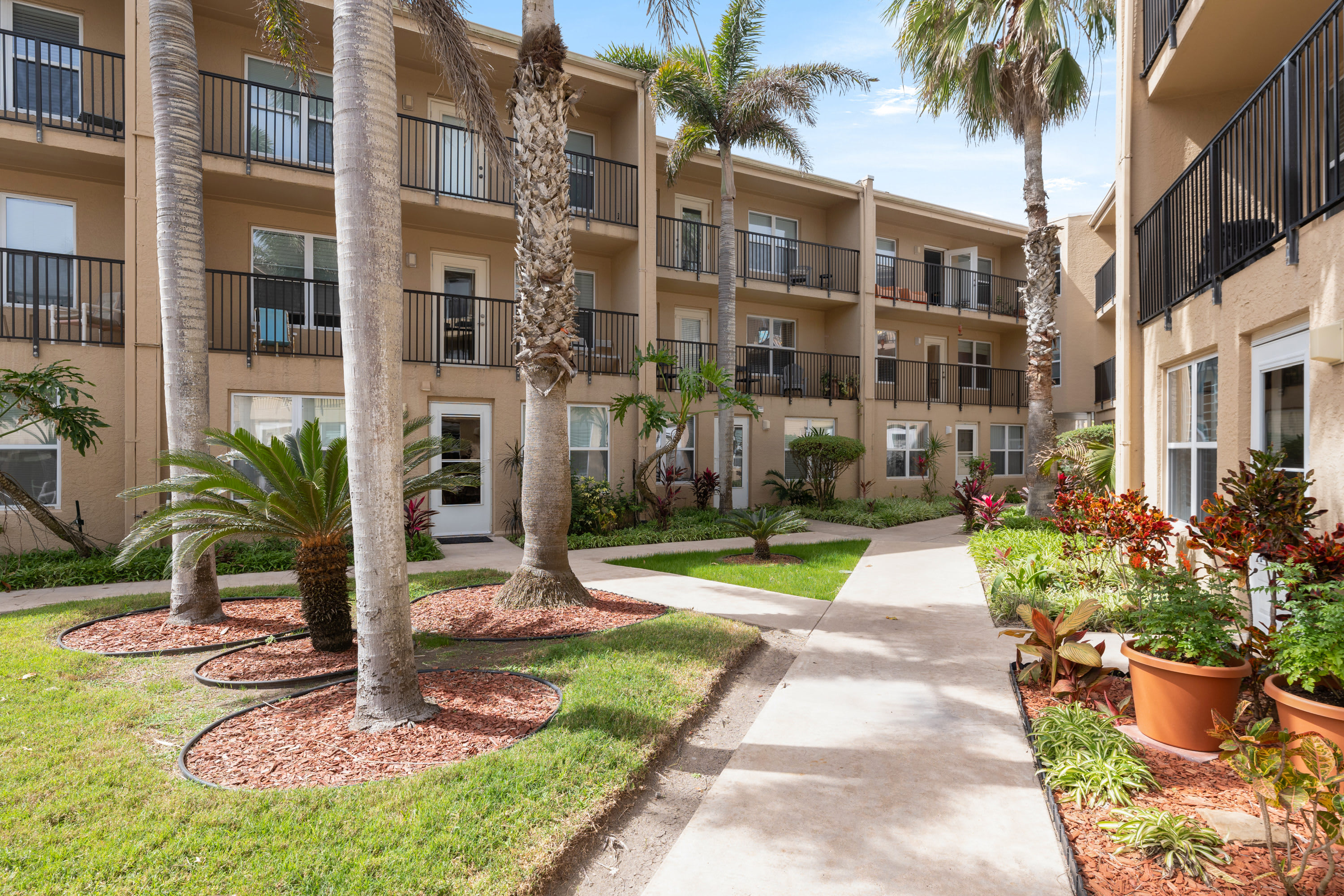 A view of the multi-story condominium building with balconies, surrounded by palm trees and a paved walkway. The building has a light brown stucco exterior.