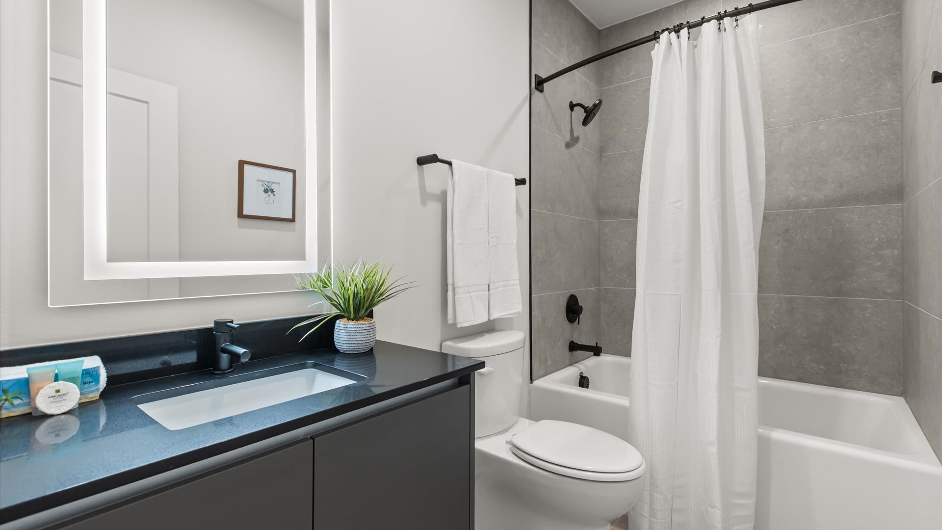 Contemporary bathroom with a dark single vanity, a rectangular mirror with integrated LED lighting, and a toilet. A bathtub with a white shower curtain and grey tiled walls completes the space.