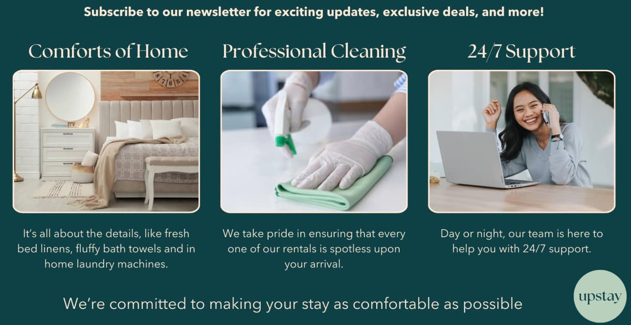 A marketing graphic with three sections highlighting 'Comforts of Home,' 'Professional Cleaning,' and '24/7 Support,' each with an illustrative image and descriptive text. The background is a dark teal color with a company logo.