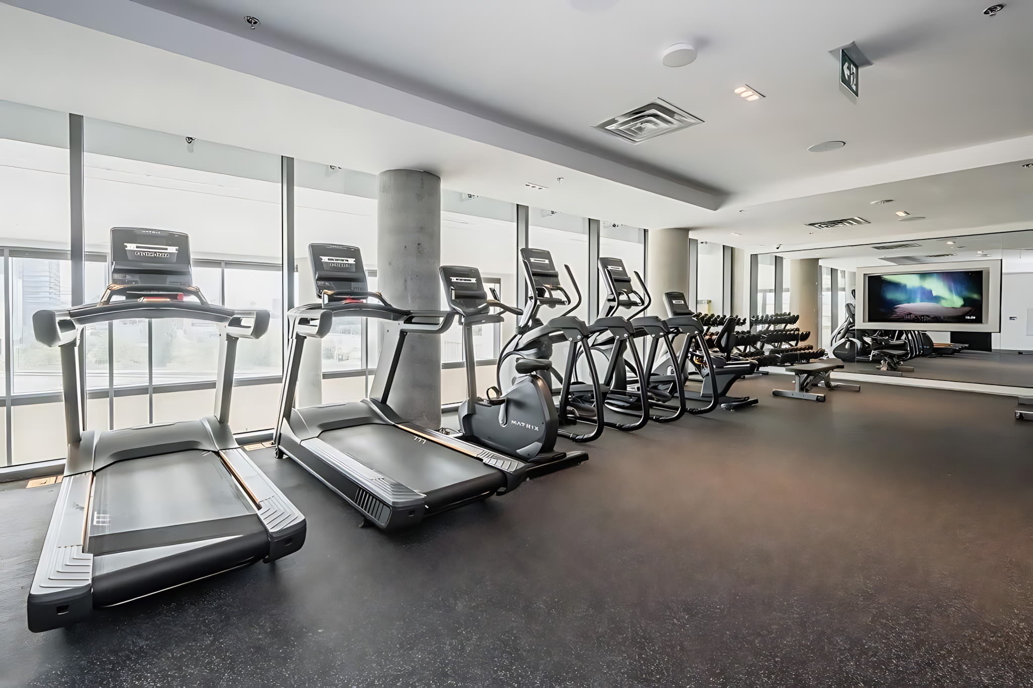 A well-equipped gym with various cardio machines including treadmills and ellipticals, along with a rack of dumbbells, all set against large windows and dark flooring.