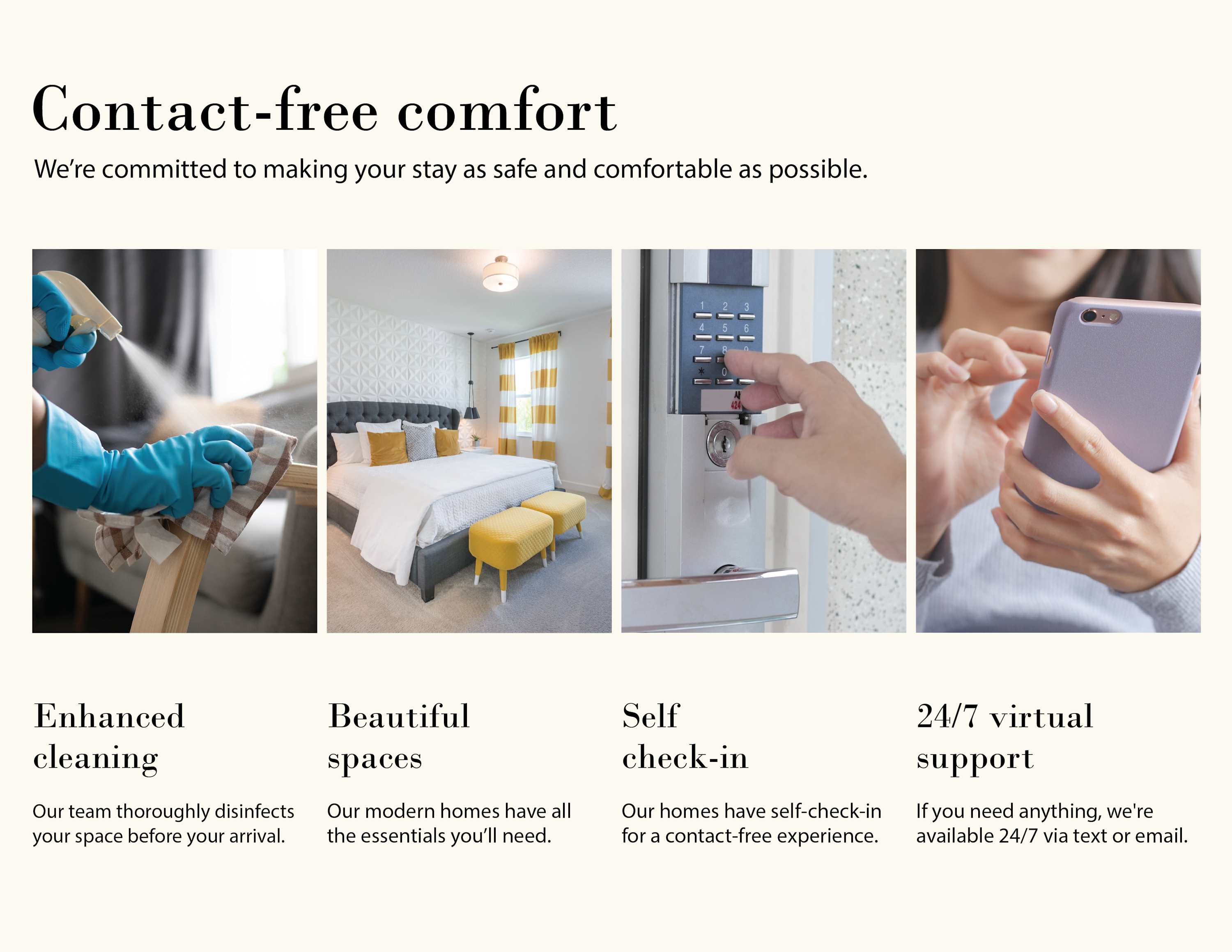 Marketing collage highlighting 'Contact-free comfort' with four panels: enhanced cleaning, a beautiful bedroom, self-check-in via a smart lock, and 24/7 virtual support via a smartphone.