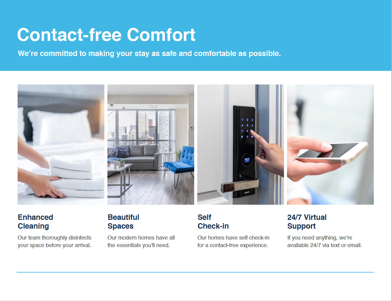 Promotional image detailing 'Contact-free Comfort' services, showcasing enhanced cleaning, beautiful spaces, self check-in via smart lock, and 24/7 virtual support with illustrative photos.