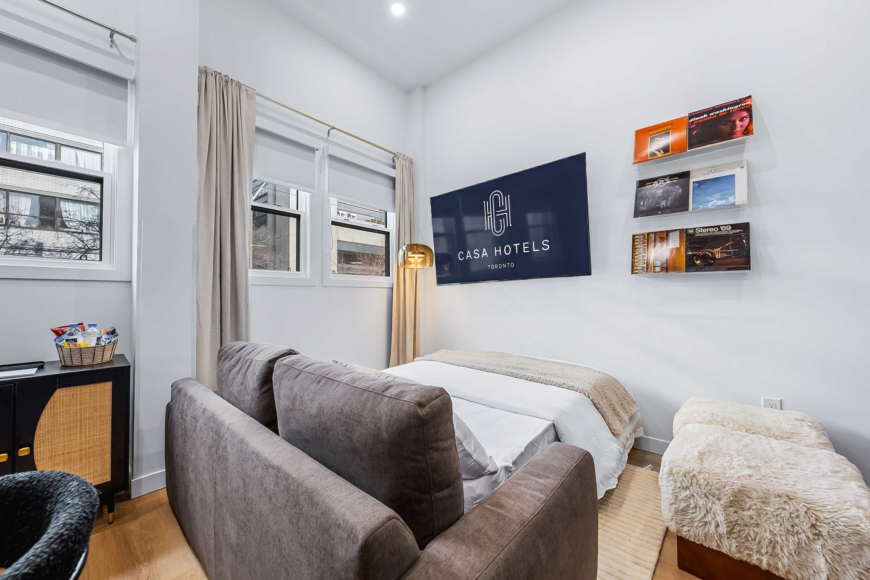 Versatile living room showcasing a sofa that converts into a bed, positioned opposite a wall-mounted television and decorative record shelves, with ample natural light from the windows, highlighting the functional and stylish design.