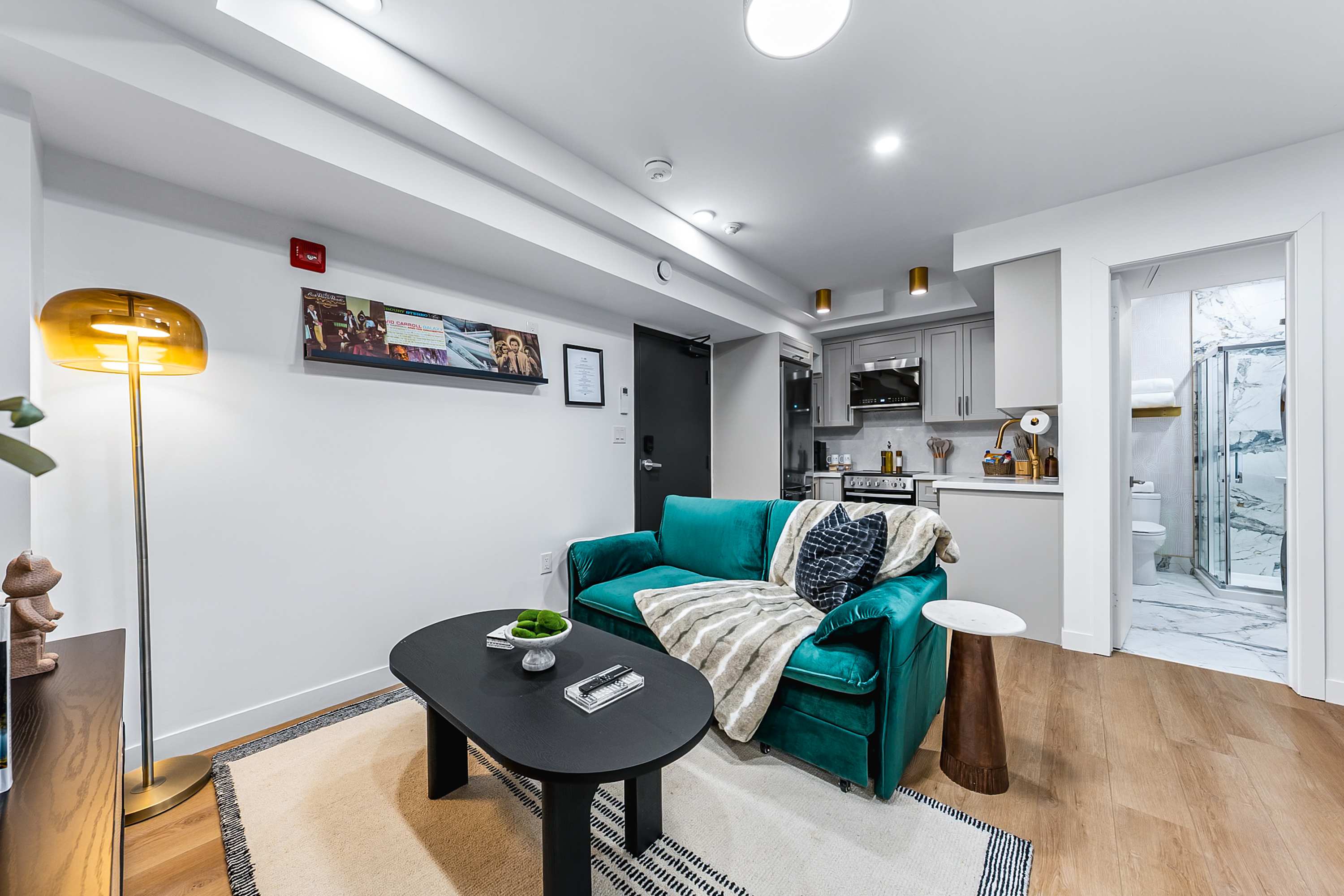Cozy living room with a teal velvet sofa, a black oval coffee table, and a warm-toned floor lamp. A compact kitchen with light gray cabinets and stainless steel appliances is visible in the background, along with a glimpse of a bathroom.