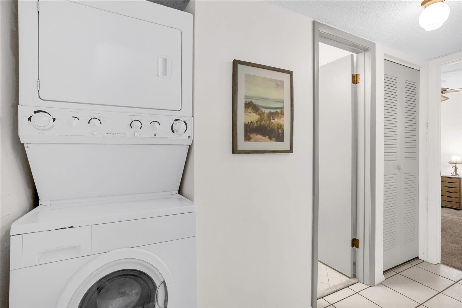 A compact laundry area features a white stacked Frigidaire washer and dryer unit, with a front-loading washing machine and a top-loading dryer. The appliances are situated in a hallway next to a light-colored wall adorned with framed artwork.