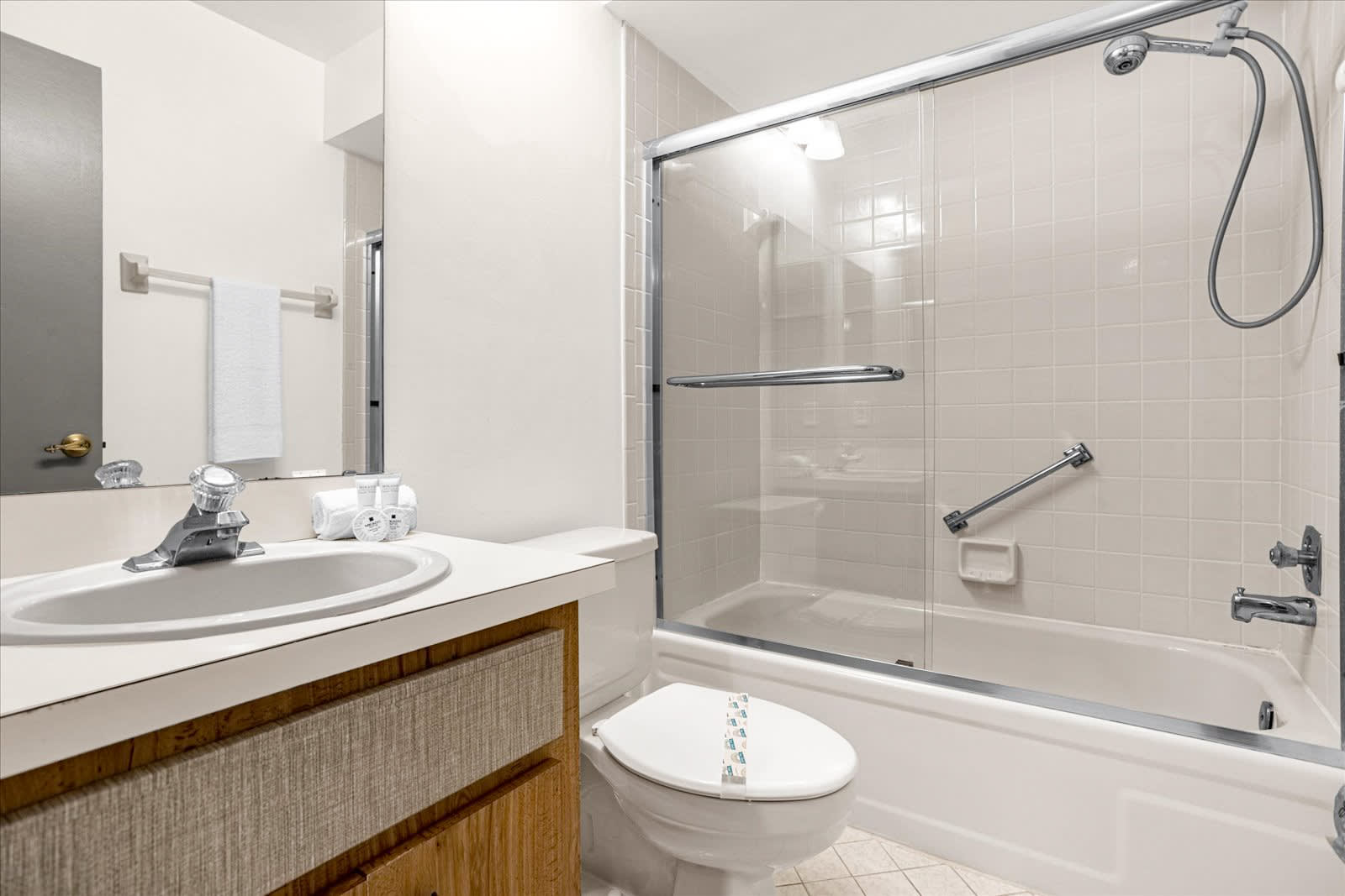A bright bathroom features a white tiled shower-tub combo with a glass sliding door, a chrome shower head, and a grab bar. A white toilet and a vanity with a white countertop, chrome faucet, and a large mirror complete the space.