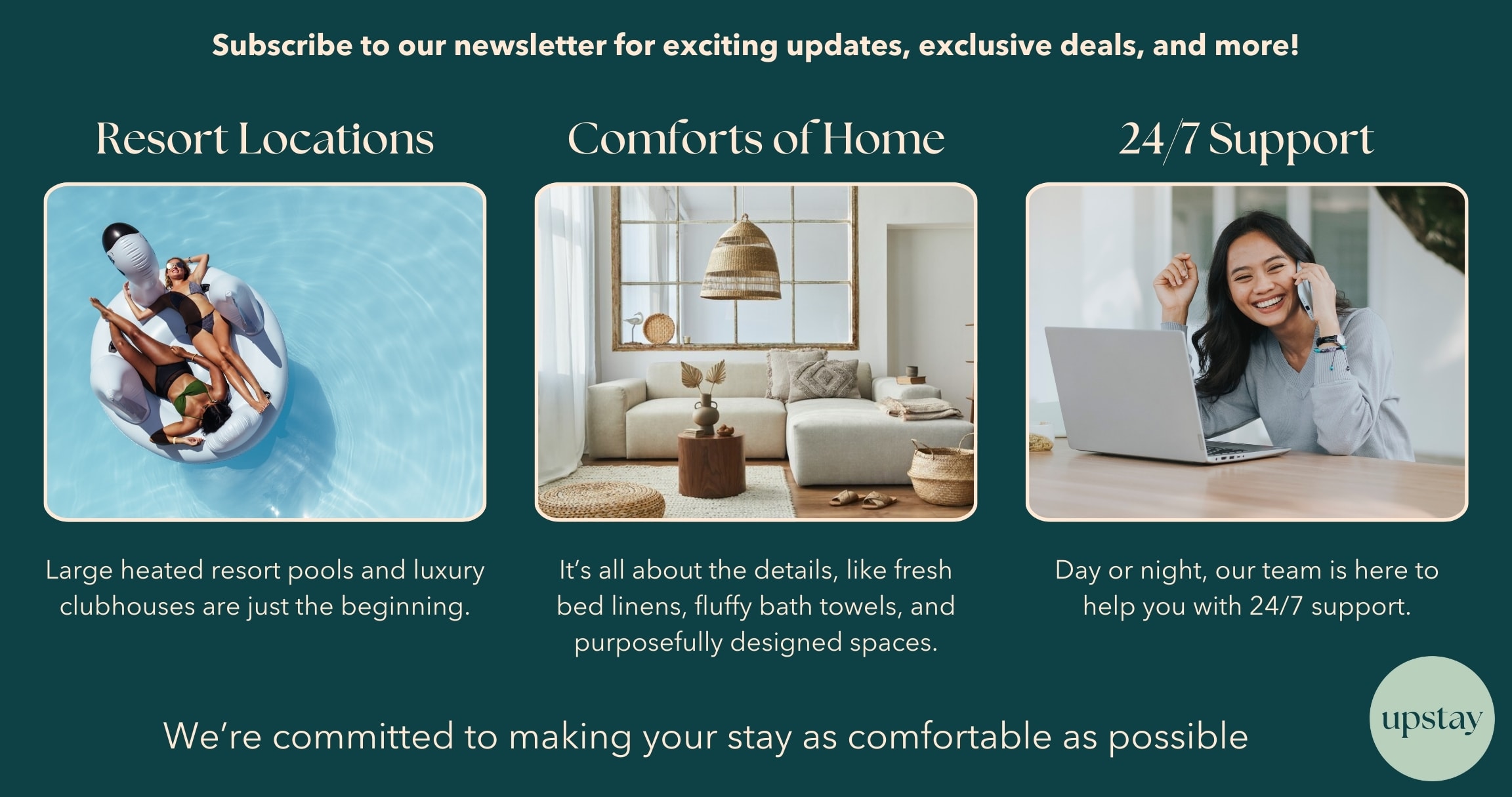 Promotional image highlighting 'Resort Locations,' 'Comforts of Home,' and '24/7 Support' with illustrative photos of people in a pool, a modern living room, and a woman on a laptop.