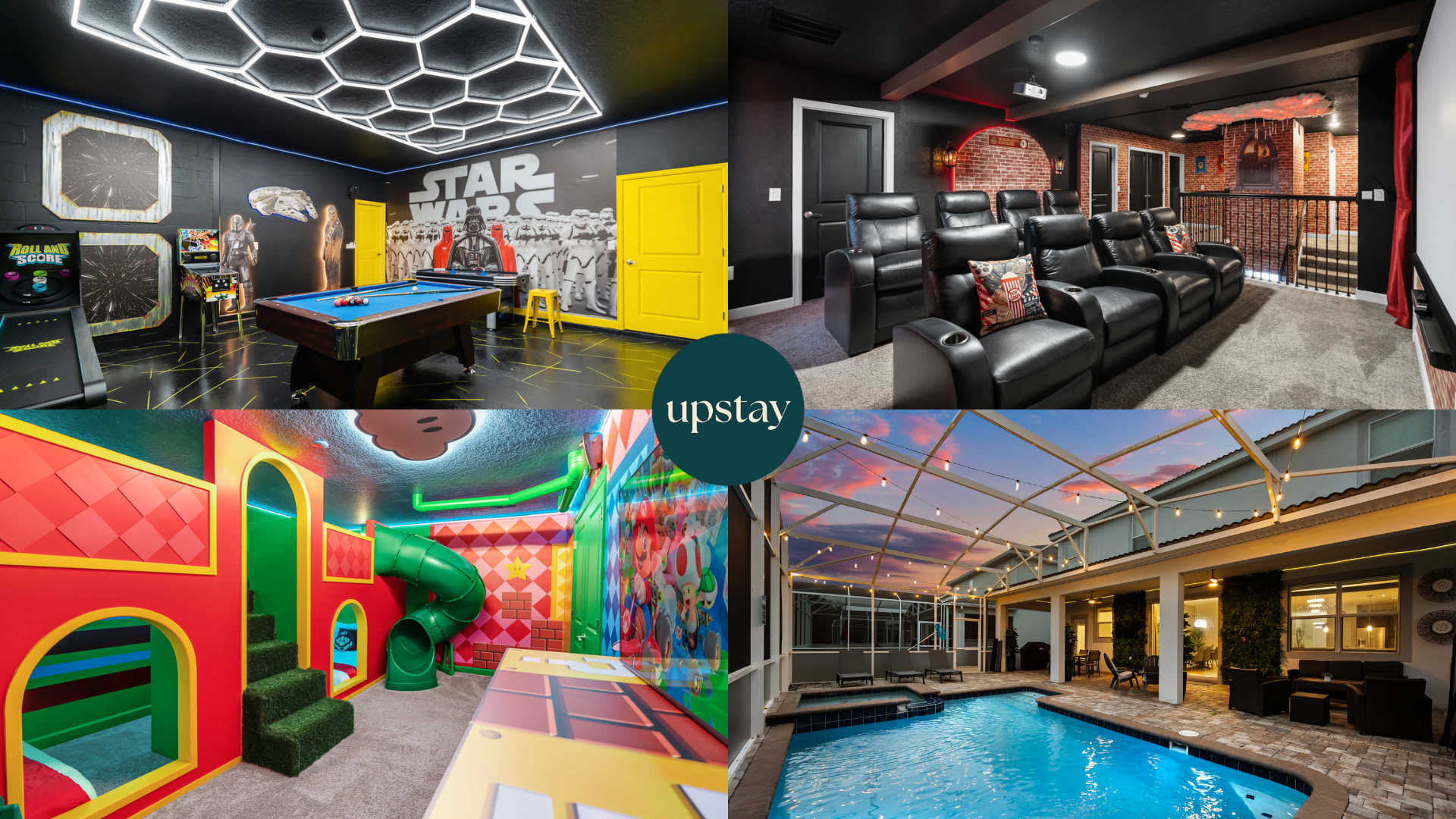 A vibrant collage showcasing the property's diverse entertainment spaces, including a Star Wars-themed game room with a pool table, a home theater, a colorful indoor play area, and an illuminated outdoor pool patio.