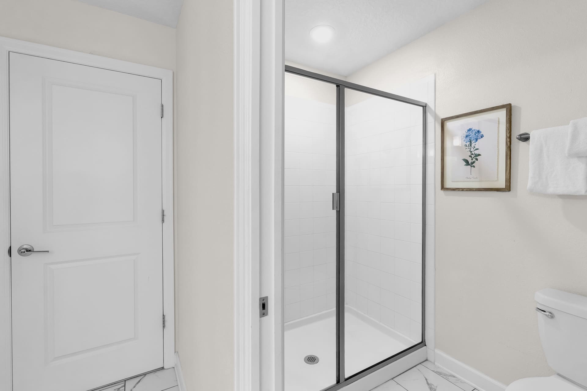 Modern shower room with a glass-enclosed shower stall featuring white subway tiles. The room has white tiled floors and a white door on the left, with a framed botanical print on the wall.
