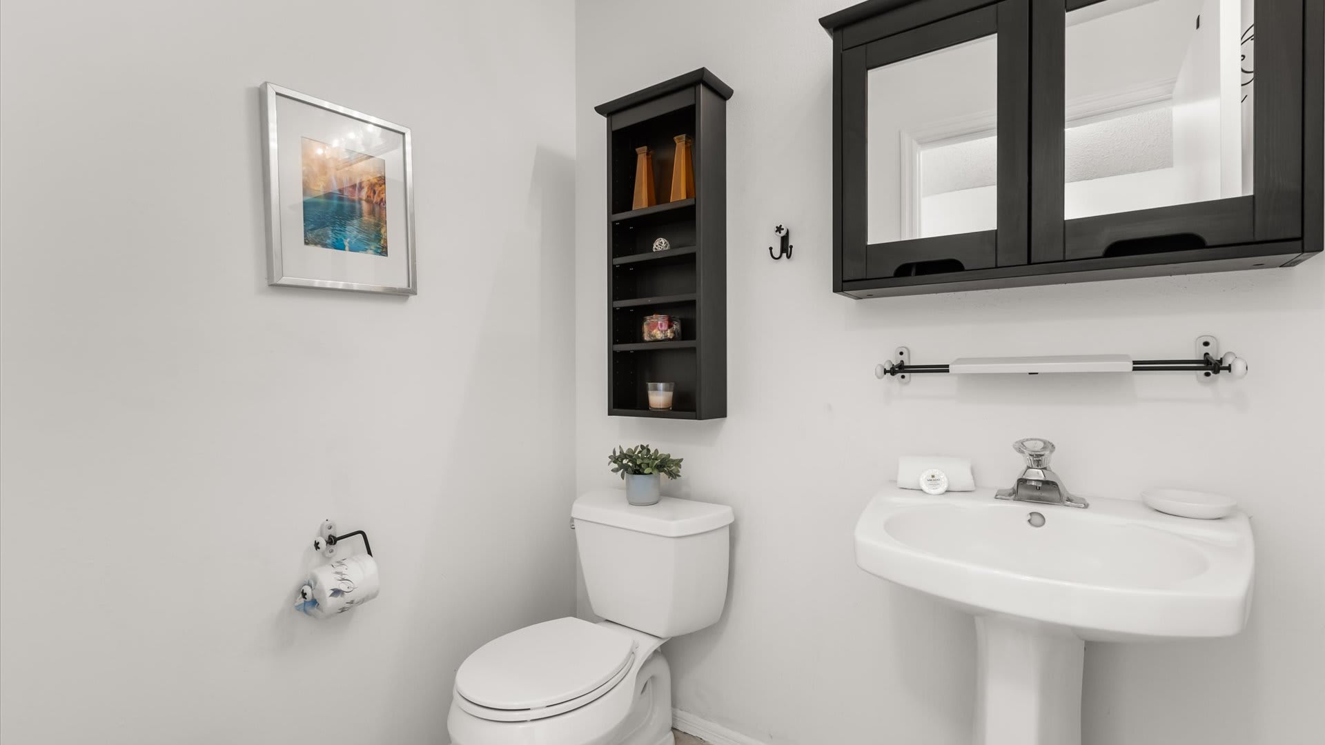 A small bathroom featuring a white pedestal sink, a toilet, and a black medicine cabinet above the sink. A tall black shelving unit is mounted on the wall next to the toilet.