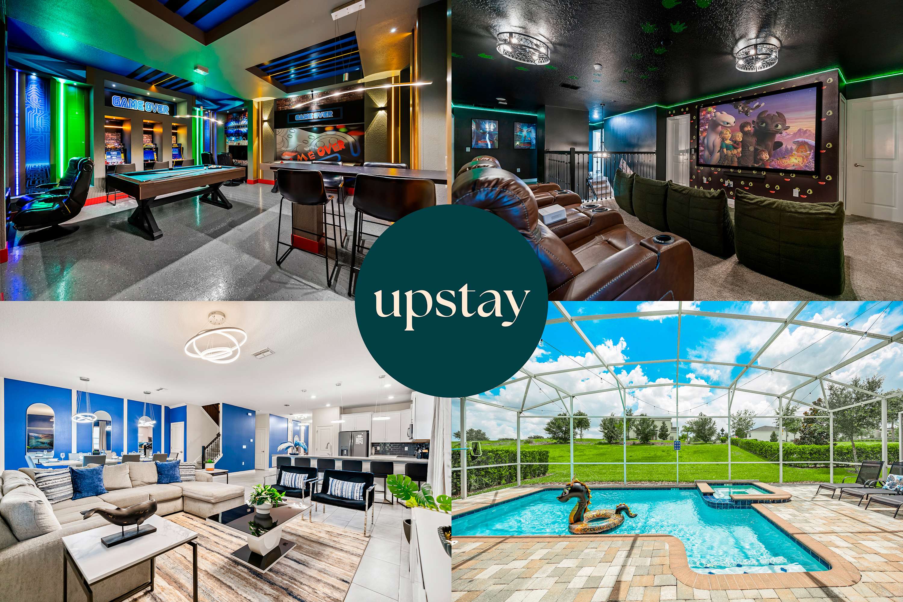 Collage showcasing various areas: a game room with a pool table and arcade, a media room with a large screen and recliners, a modern living and dining area, and a screened outdoor pool with a hot tub, all centered around an 'upstay' logo.