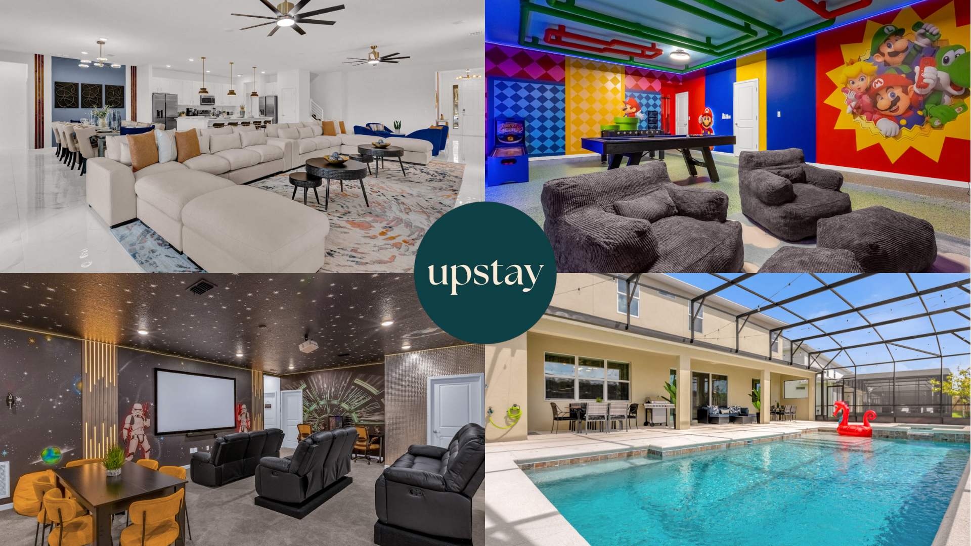 A vibrant collage showcasing four distinct areas: a modern open-concept living space, a colorful Mario-themed game room, a Star Wars-themed home theater, and an outdoor screened pool area with a hot tub.