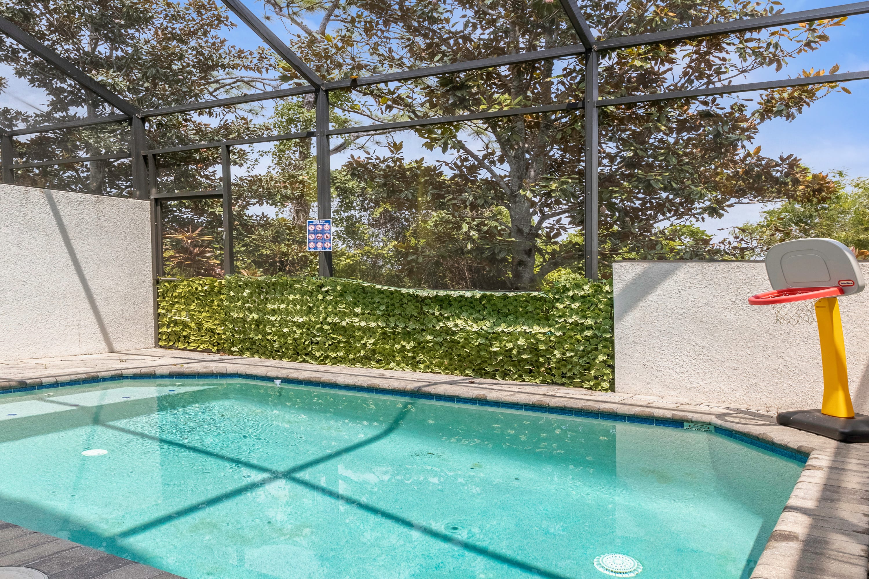 A private, screened-in pool area features a small, irregularly shaped pool with blue tiling, surrounded by light-colored pavers. A white wall with a green artificial hedge and a small yellow and red basketball hoop borders the pool, with trees visible through the screen.