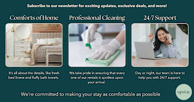 A promotional image highlighting property features: 'Comforts of Home' with a bedroom, 'Professional Cleaning' with a person cleaning, and '24/7 Support' with a person on the phone. The background is dark teal with white text.