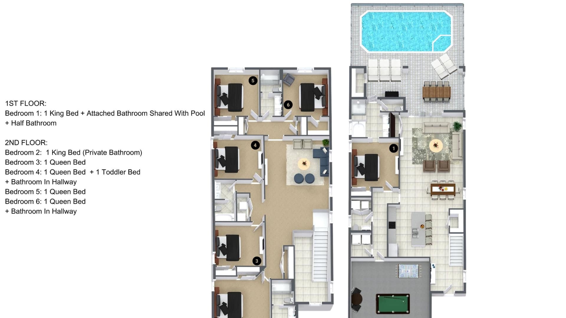 A detailed two-story floor plan illustrating the layout of a 6-bedroom, 4.5-bathroom vacation home, featuring a private pool, game room, and various bed configurations across both levels.
