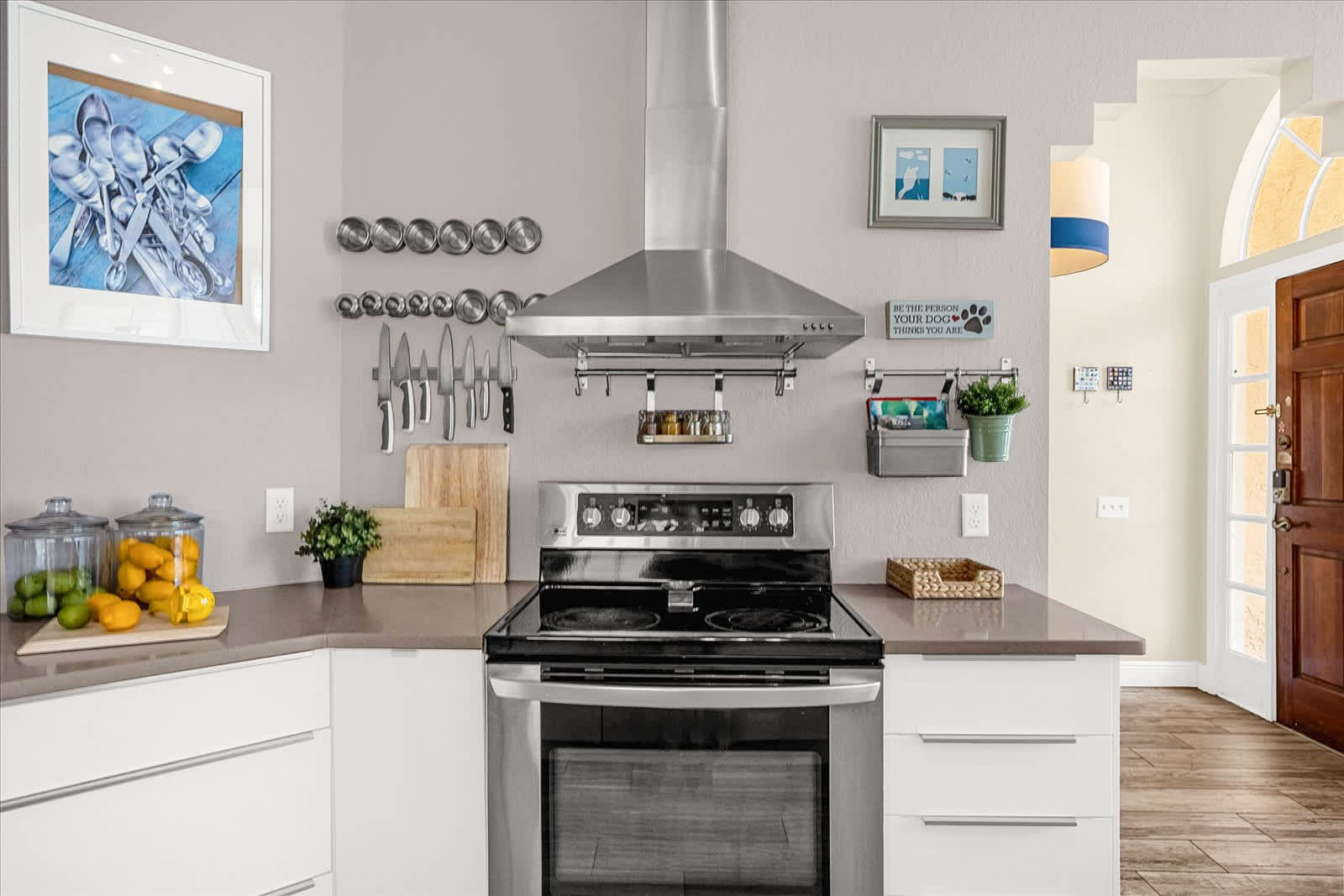 Close-up of the kitchen counter featuring a stainless steel electric range with a matching range hood, magnetic knife strips, and various kitchen tools, alongside fresh lemons and limes.