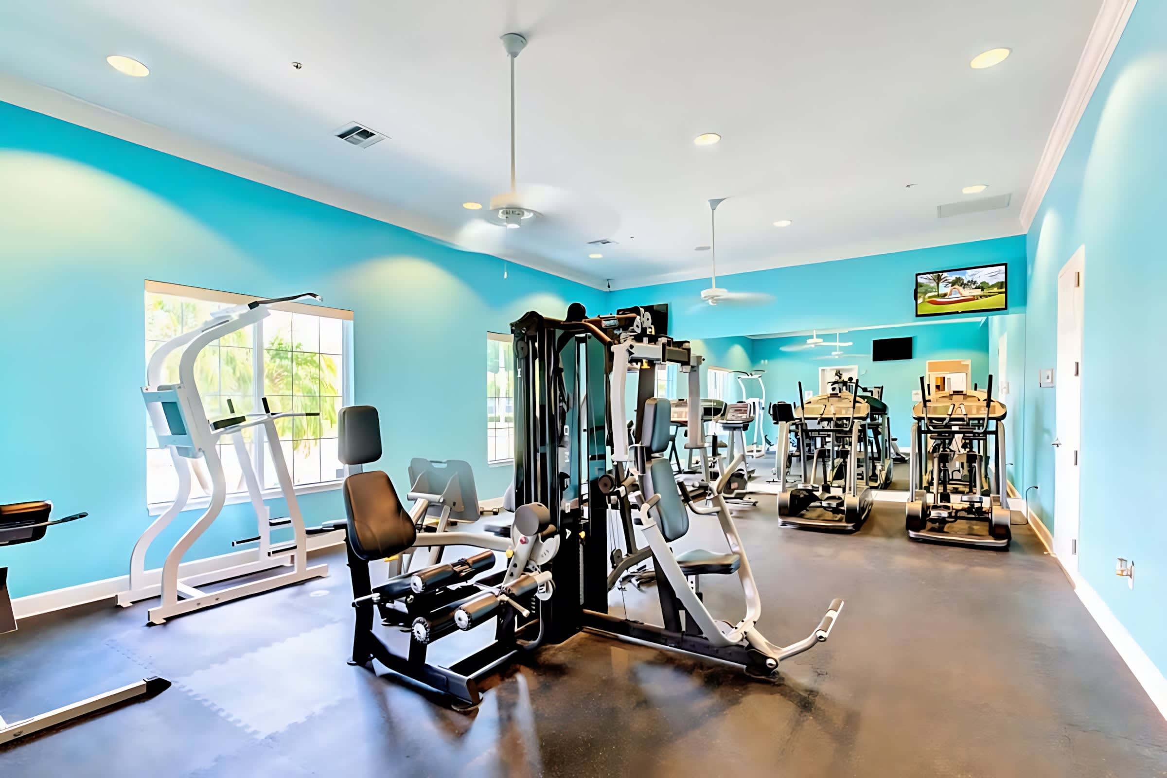 A well-equipped communal gym with various exercise machines including treadmills, ellipticals, and weight machines, set in a bright room with light blue walls and large windows. A television is mounted on the wall for entertainment during workouts.