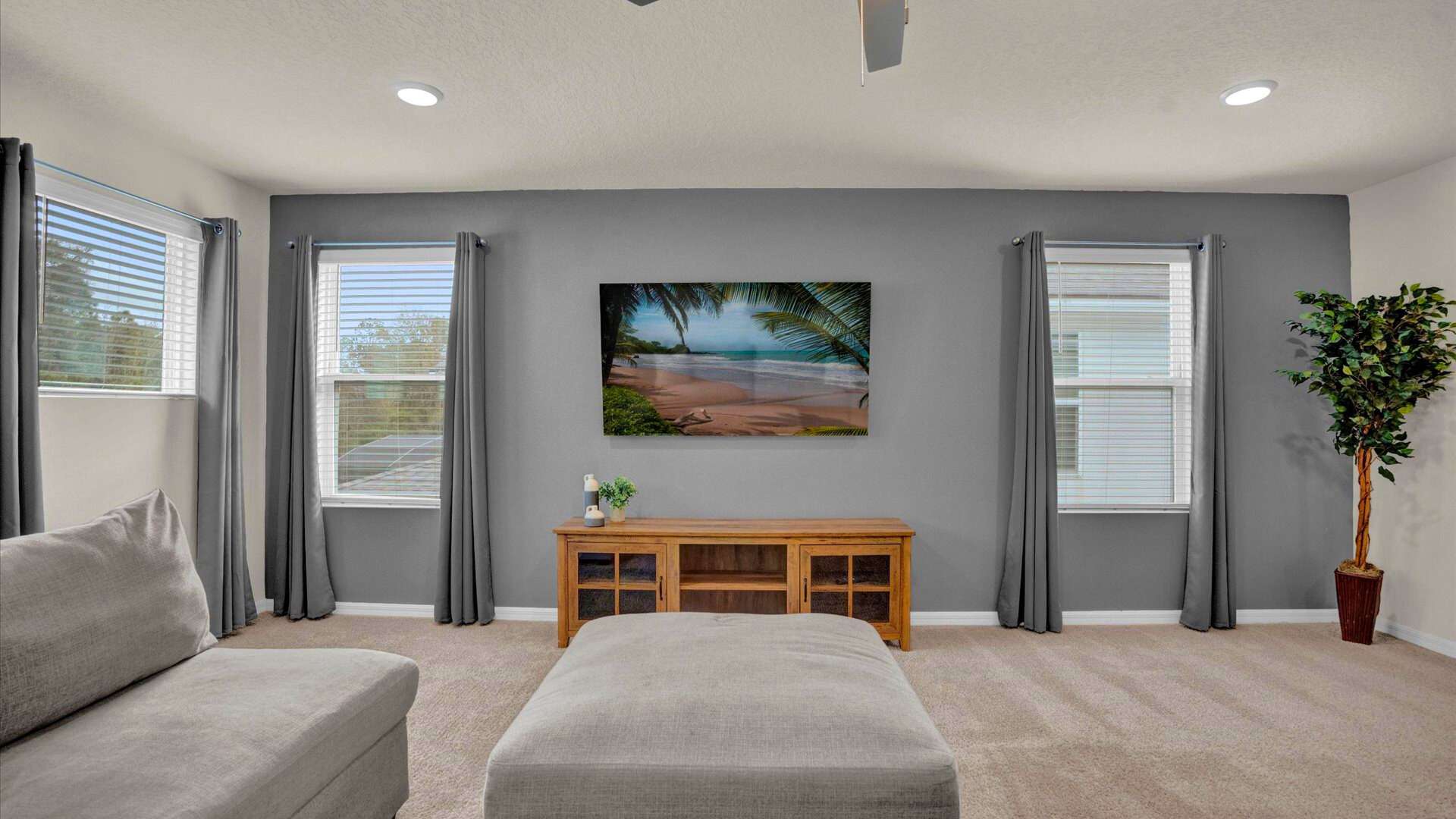 Living room with light beige carpet, a large grey ottoman, and a wooden TV console beneath a wall-mounted TV displaying a beach scene. Two windows with blinds and grey curtains flank the TV, with a tall potted plant in the corner.
