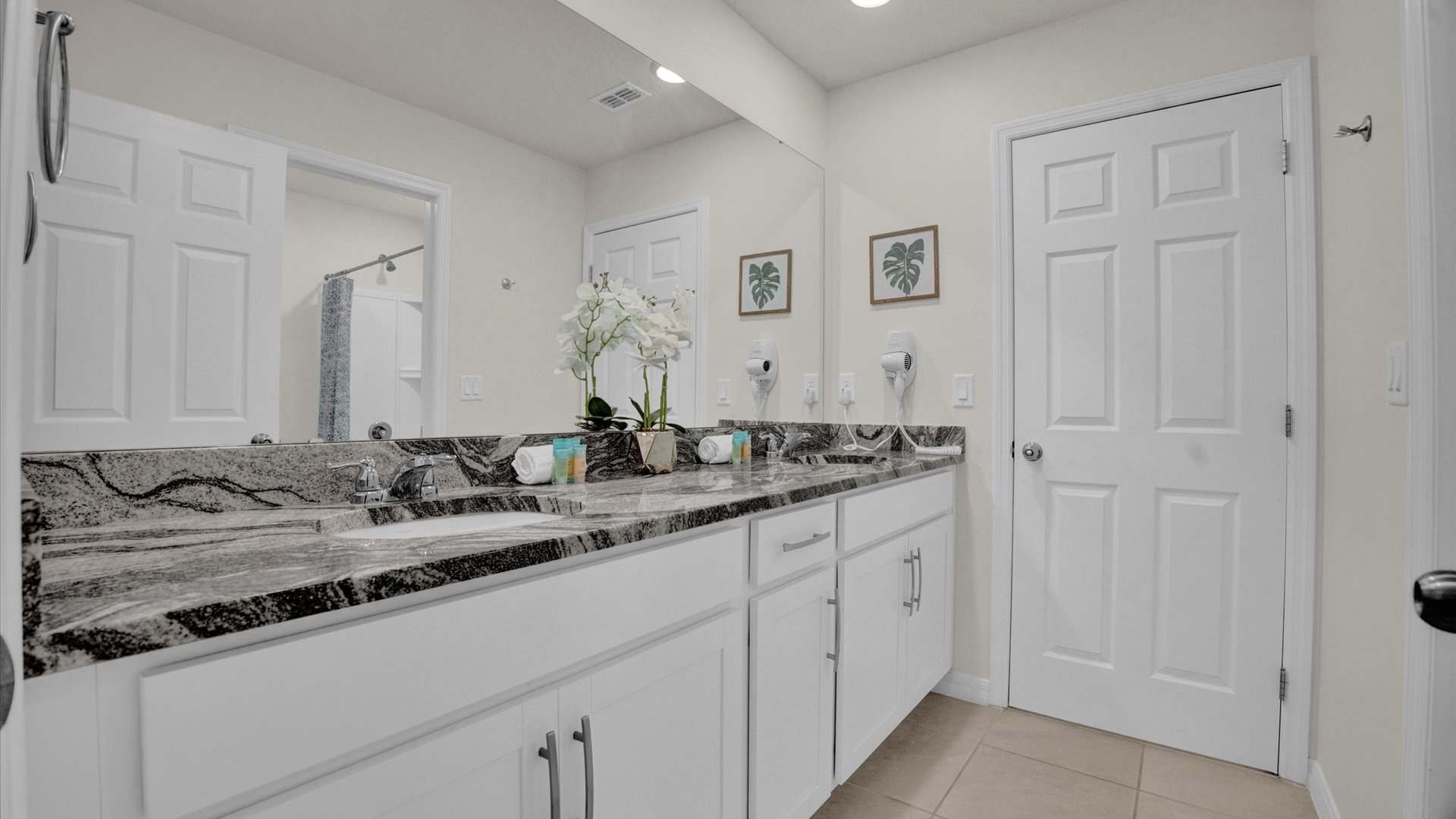 A close-up view of the double vanity in bathroom-1, showcasing the dark granite countertop, white cabinets, and two sinks. A decorative plant and toiletries are placed between the sinks.