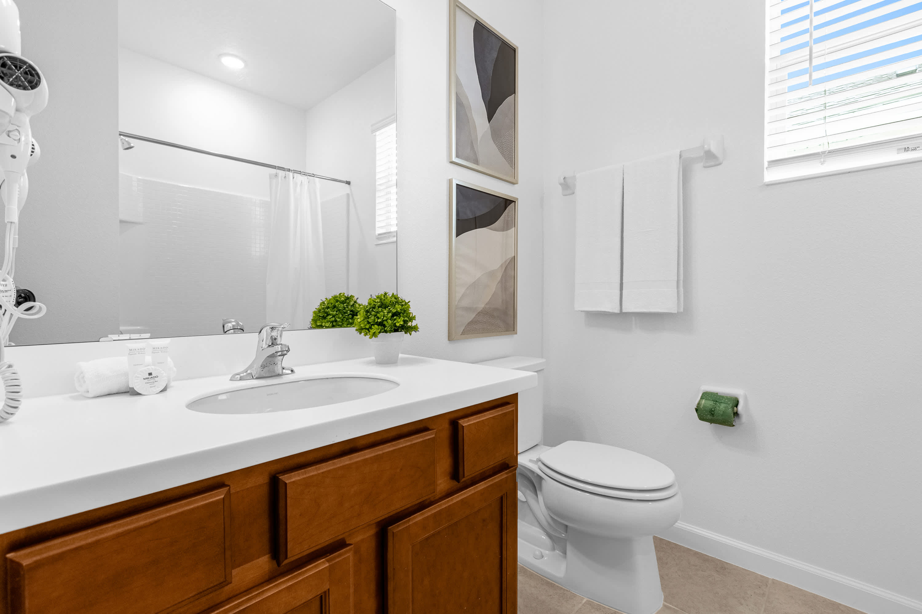A bright bathroom with a wooden vanity cabinet, white countertop, and a large mirror reflecting a shower area, alongside a white toilet and two framed abstract art pieces on the wall.