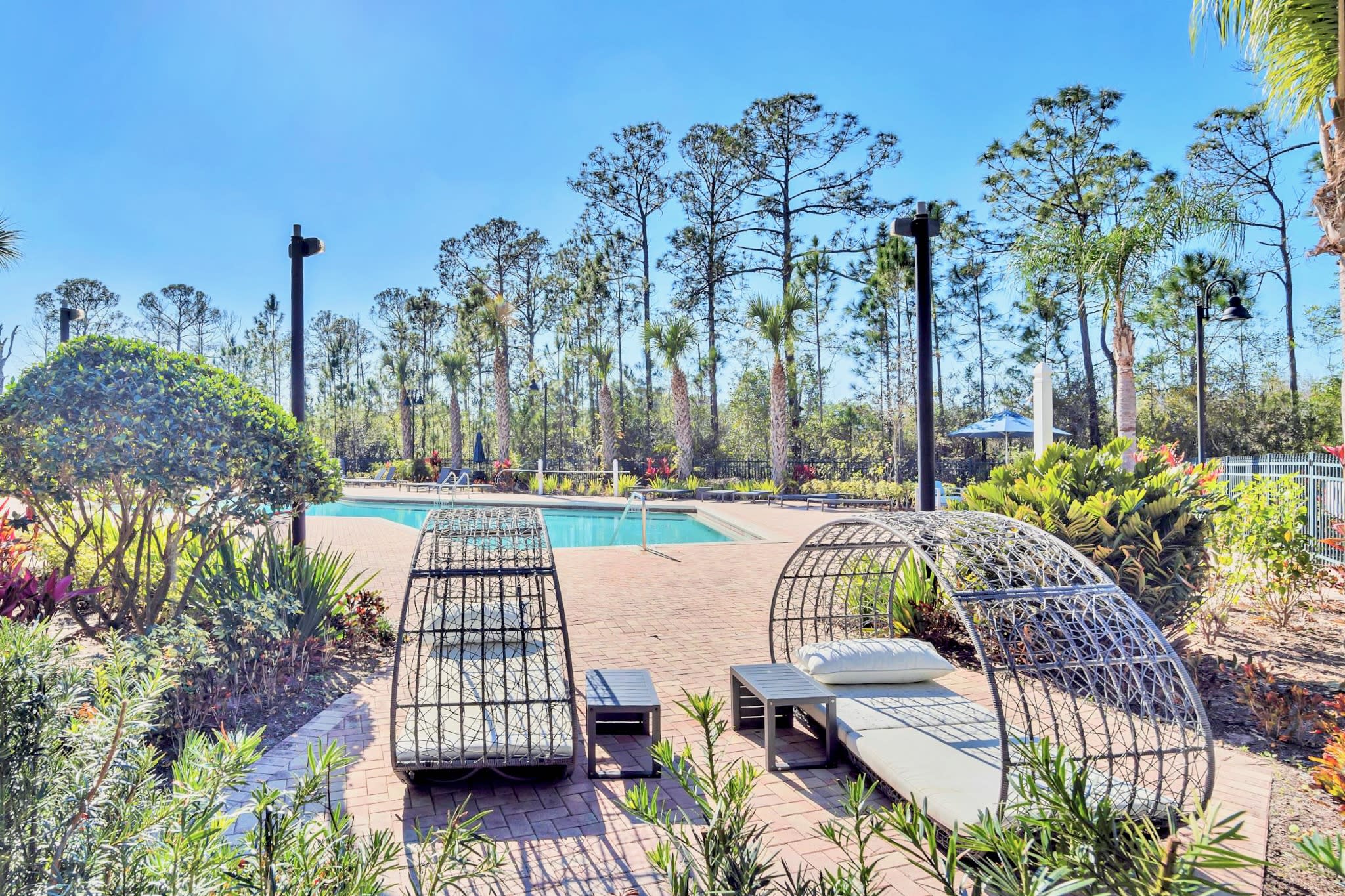 An inviting outdoor pool area with a brick paver deck, two modern woven lounge chairs, and lush tropical landscaping. Tall pine trees and palm trees line the perimeter under a bright blue sky.