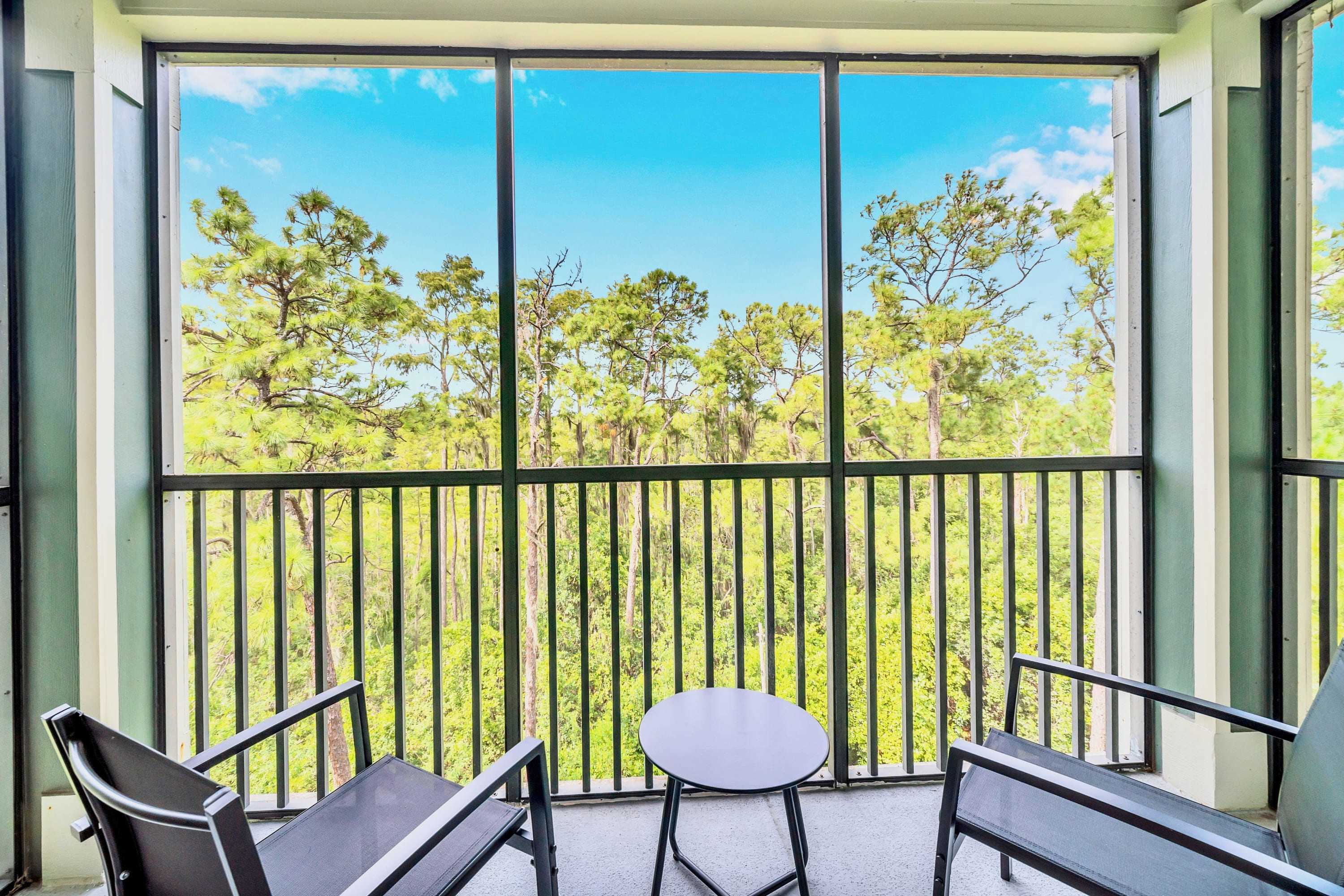 Screened balcony with two dark gray outdoor chairs and a small round table, offering a serene view of tall pine trees and lush foliage under a clear blue sky.
